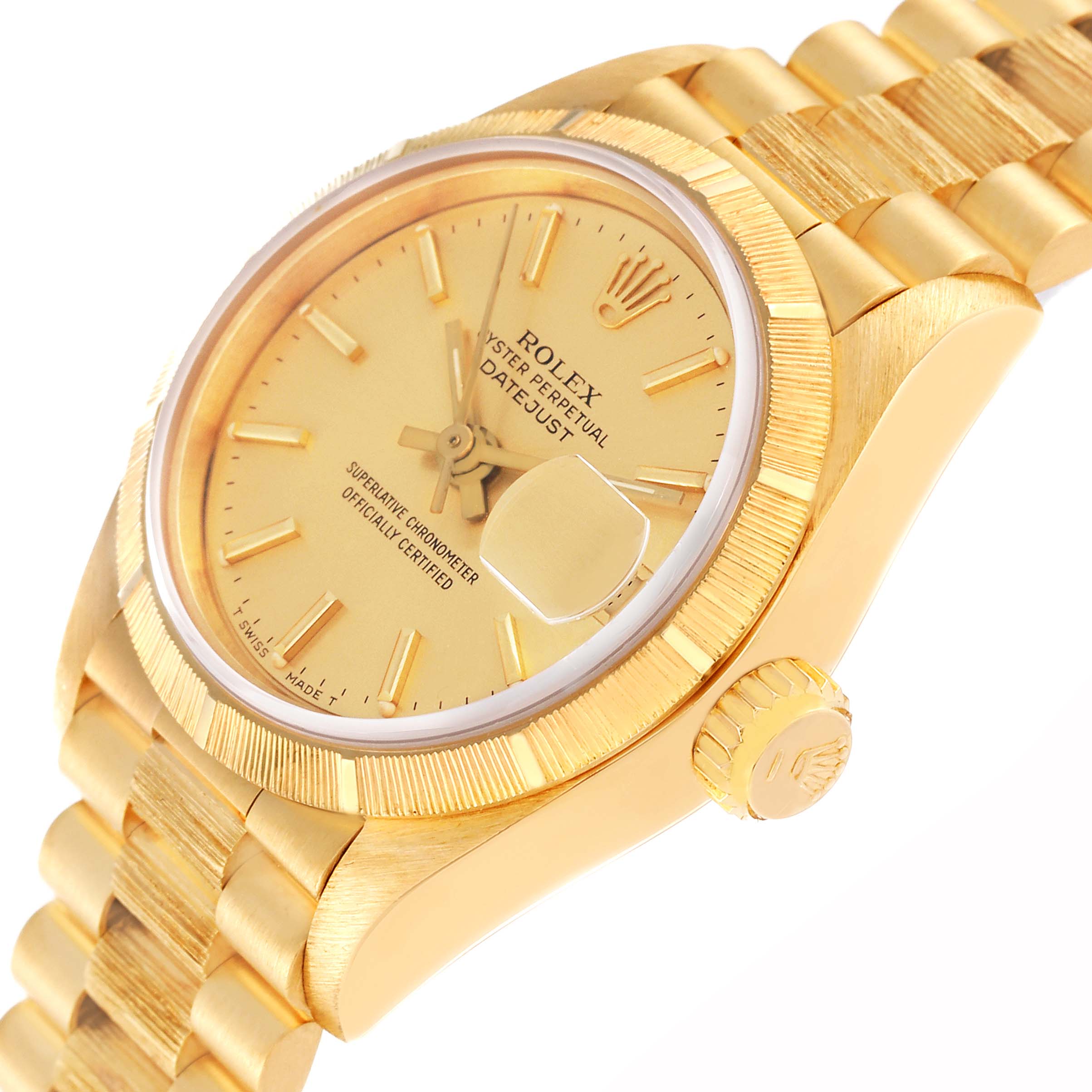 This image shows a side angle of the Rolex President 69278 Women's Yellow Gold Champagne Dial 69278 Women's Yellow Gold Champagne Dial Datejust watch, highlighting the dial, crown, and part of the bracelet.