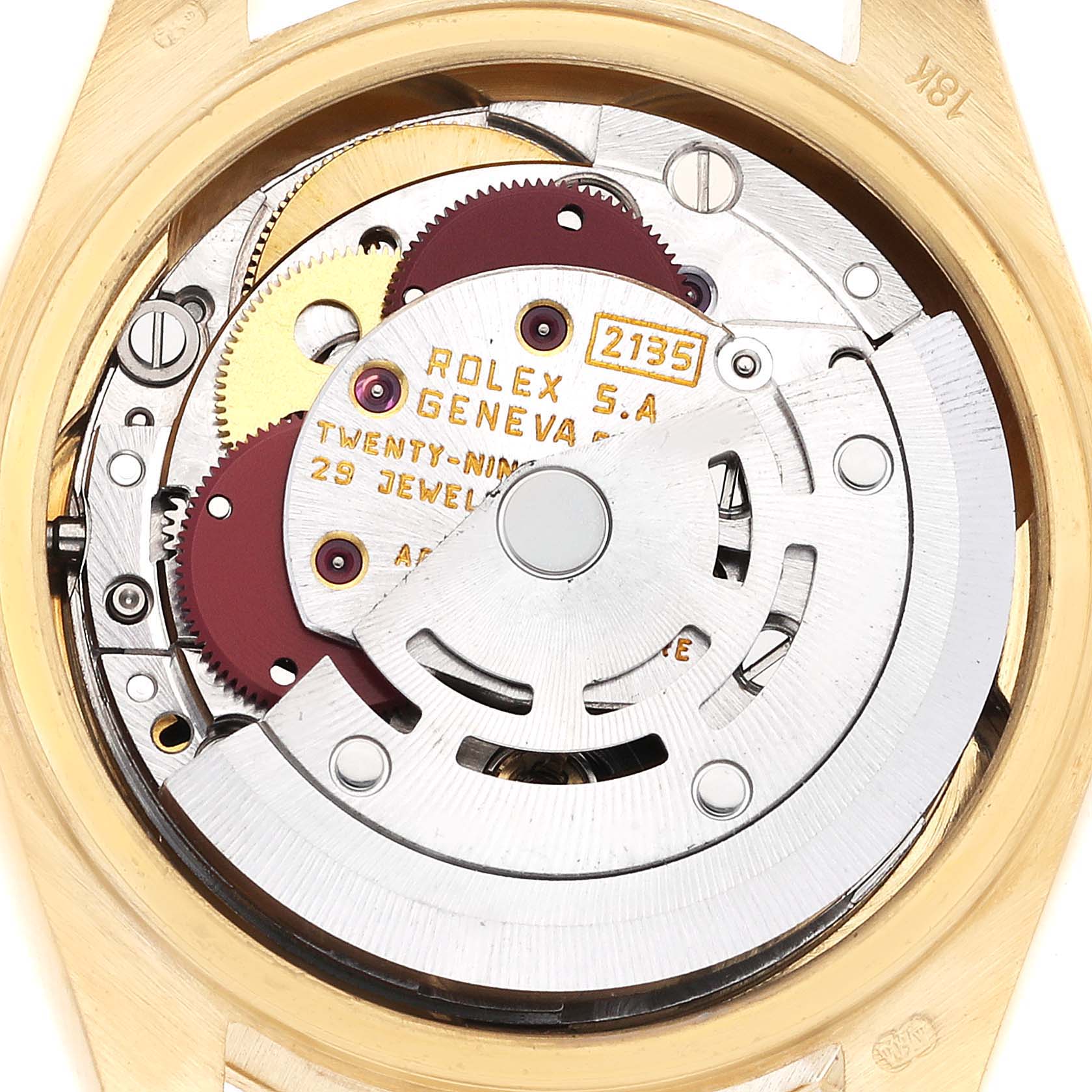 This image shows the movement mechanism of a Rolex President 69278 Women's Yellow Gold Champagne Dial 69278 Women's Yellow Gold Champagne Dial model watch from the back.