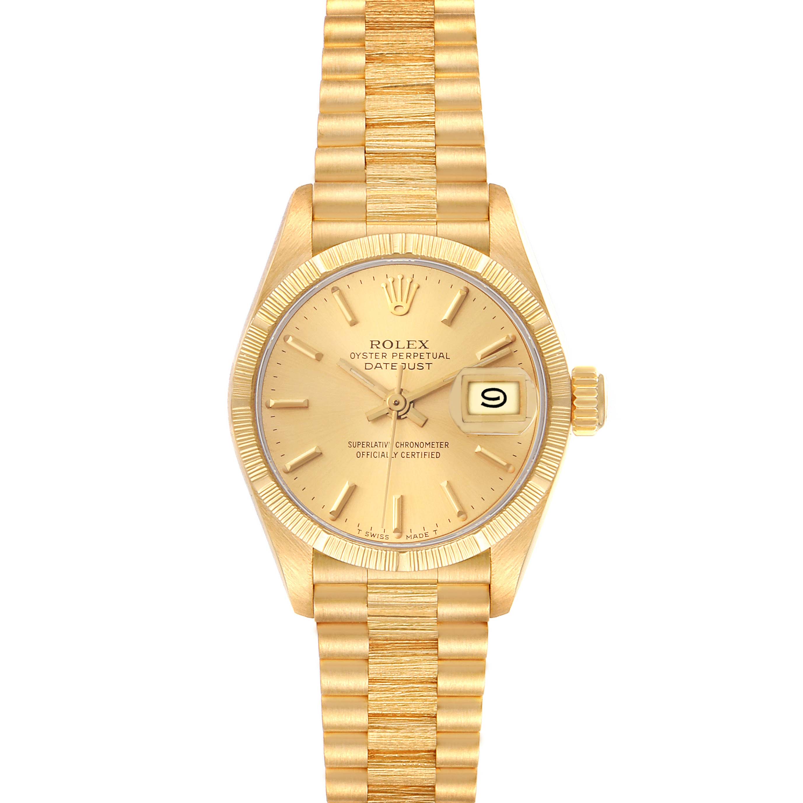 The Rolex President 69278 Women's Yellow Gold Champagne Dial 69278 Women's Yellow Gold Champagne Dial model watch is shown from a top-down angle, displaying its dial, bezel, bracelet, and date window.