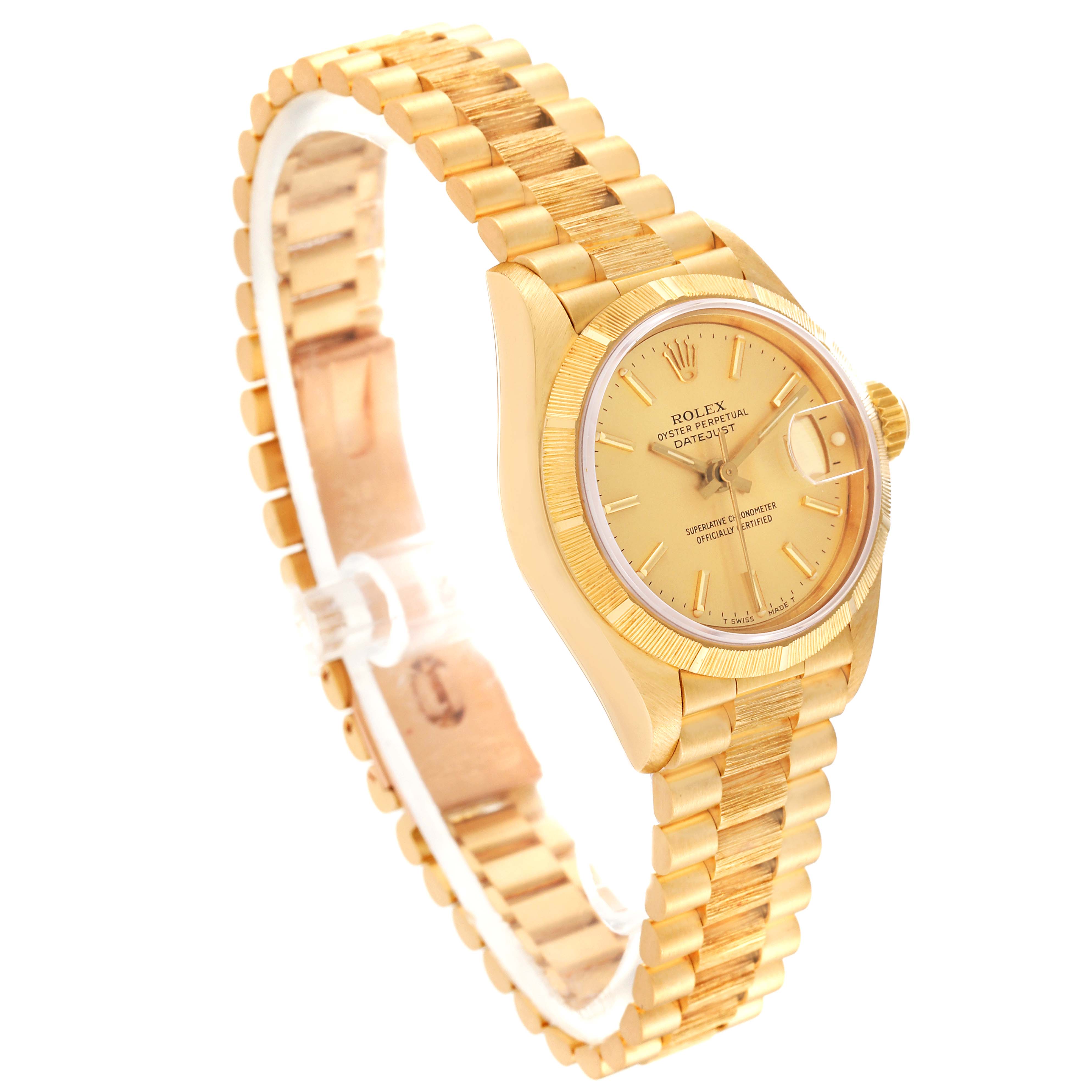 The image shows a side-angle view of a gold Rolex President 69278 Women's Yellow Gold Champagne Dial 69278 Women's Yellow Gold Champagne Dial watch, displaying its face, bezel, and bracelet.