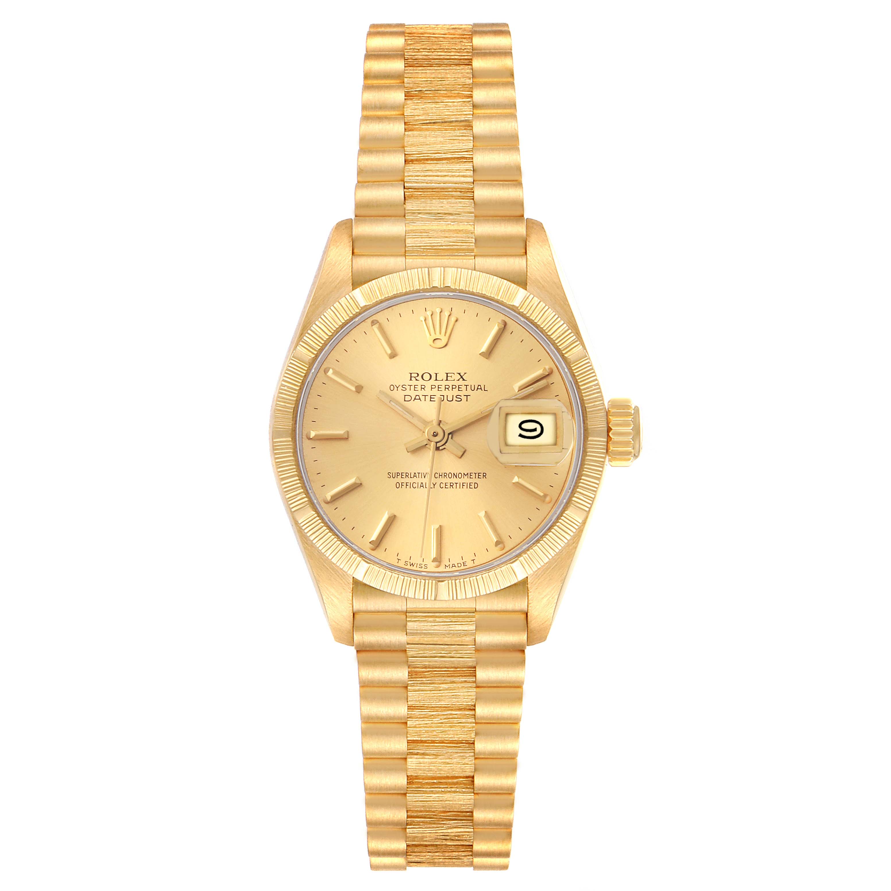 The image shows a full frontal view of the Rolex President 69278 Women's Yellow Gold Champagne Dial 69278 Women's Yellow Gold Champagne Dial model watch, featuring its gold case, bracelet, and date display.