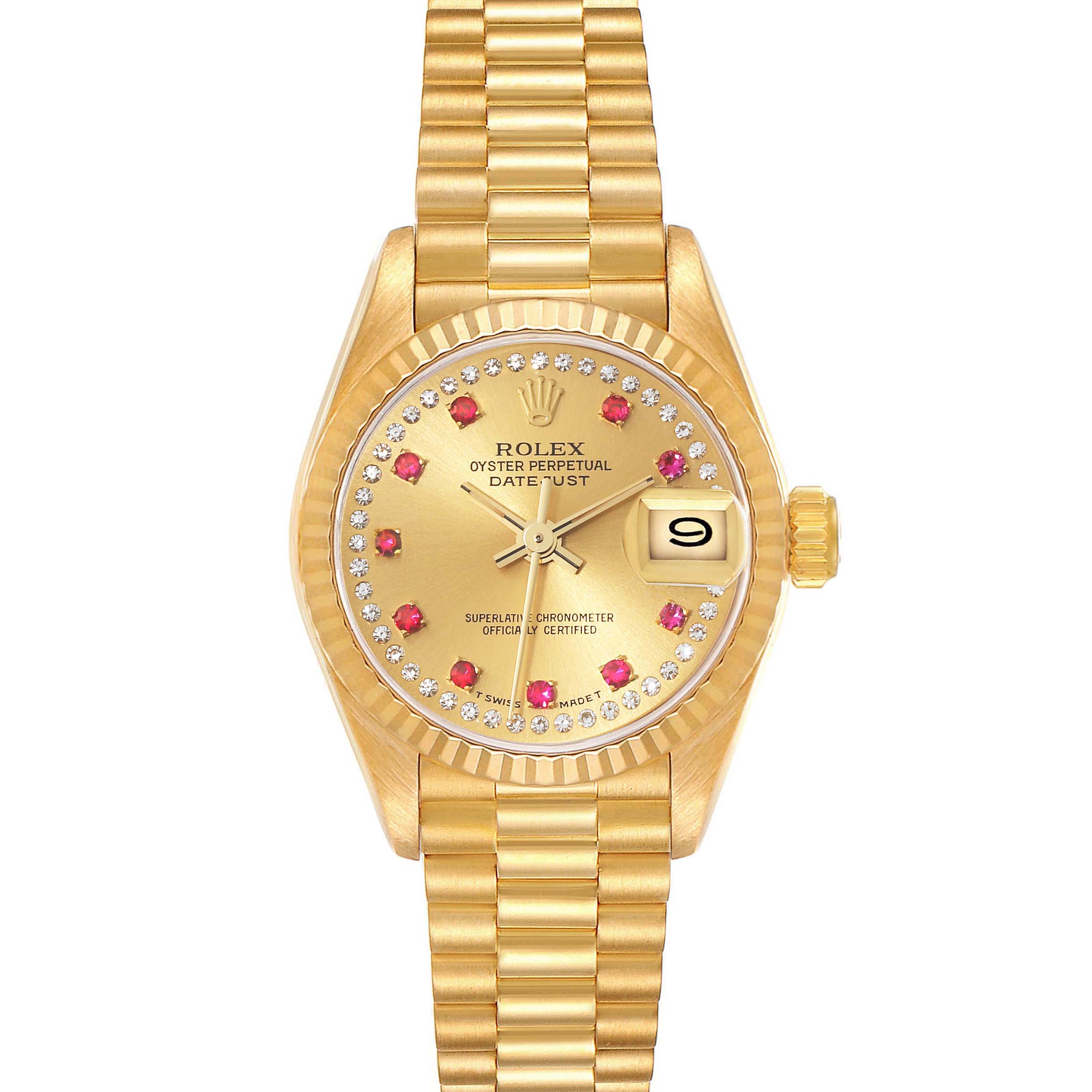 The Rolex President 69178 Women
s Yellow Gold Champagne Dial 69178 Women
s Yellow Gold Champagne Dial model watch is shown from the front, displaying its gold bracelet, dial with gemstones, and date window.