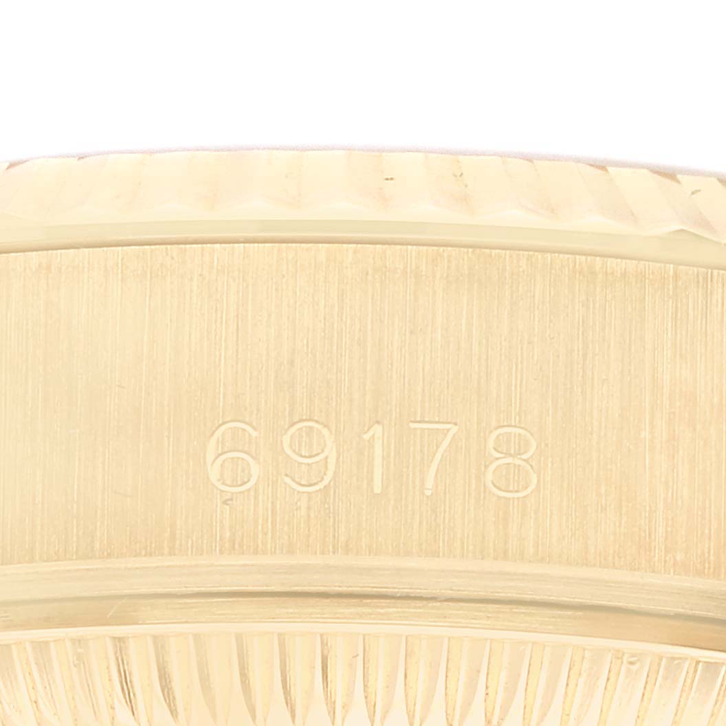 The close-up image shows the engraved model number "69178" on the side of the Rolex President 69178 Women
s Yellow Gold Champagne Dial 69178 Women
s Yellow Gold Champagne Dial watch case.