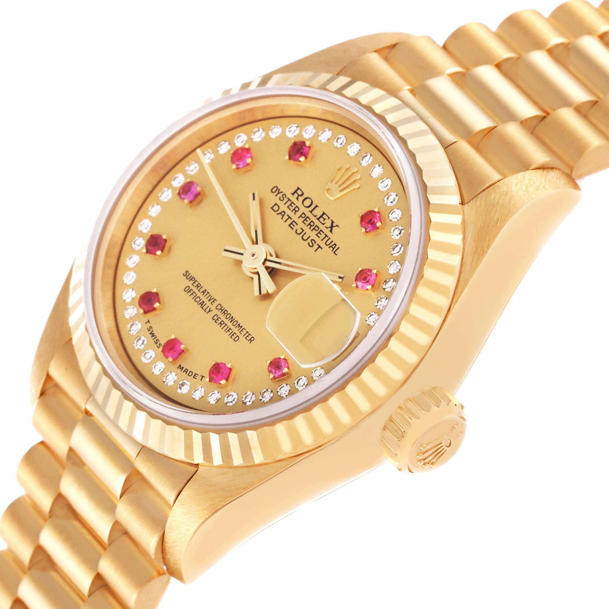 The image shows a close-up angled view of a Rolex President 69178 Women
s Yellow Gold Champagne Dial 69178 Women
s Yellow Gold Champagne Dial model watch, highlighting the dial, bezel, and part of the bracelet.