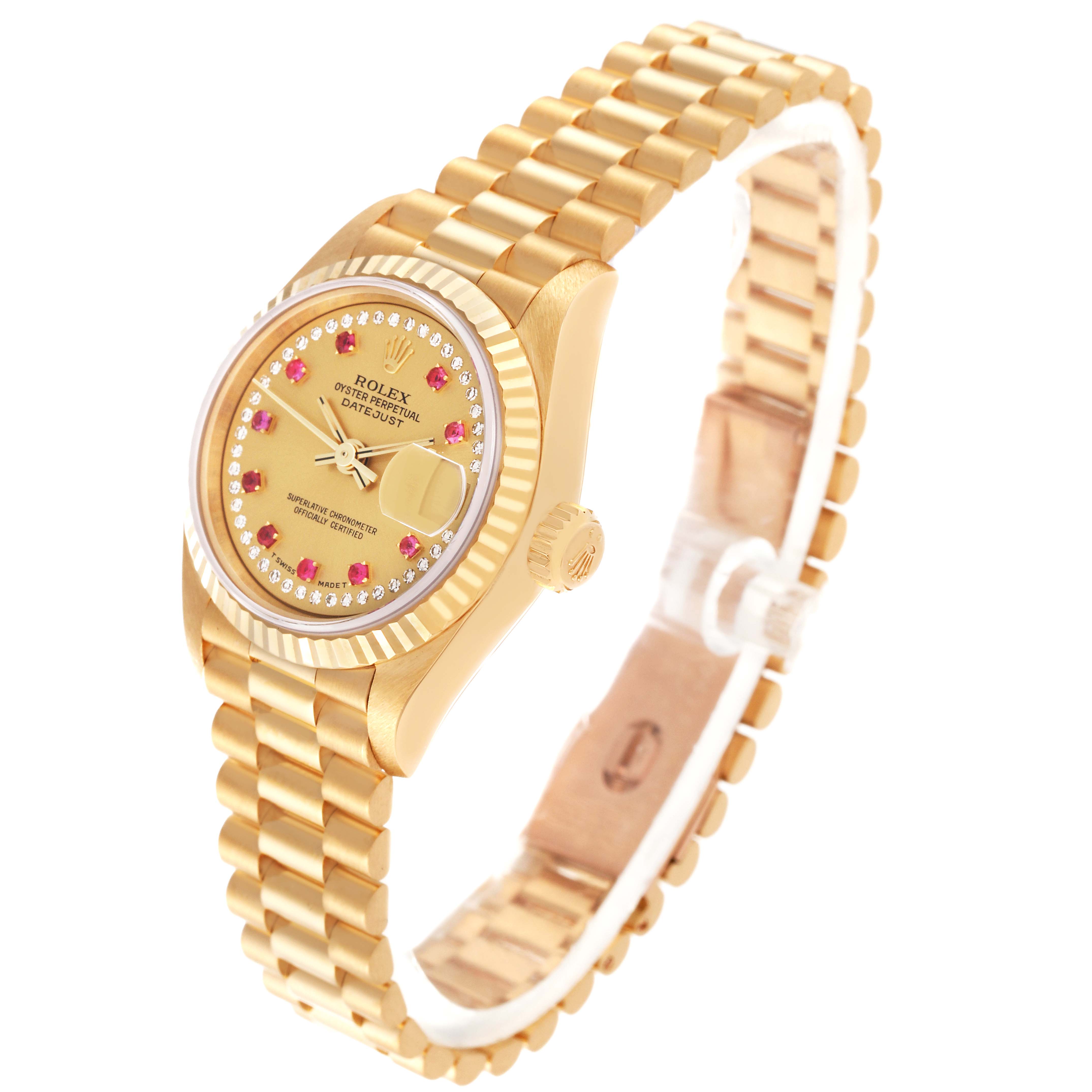The Rolex President 69178 Women
s Yellow Gold Champagne Dial 69178 Women
s Yellow Gold Champagne Dial model watch is shown at a slight angle, highlighting its gold band, face, fluted bezel, and date window.