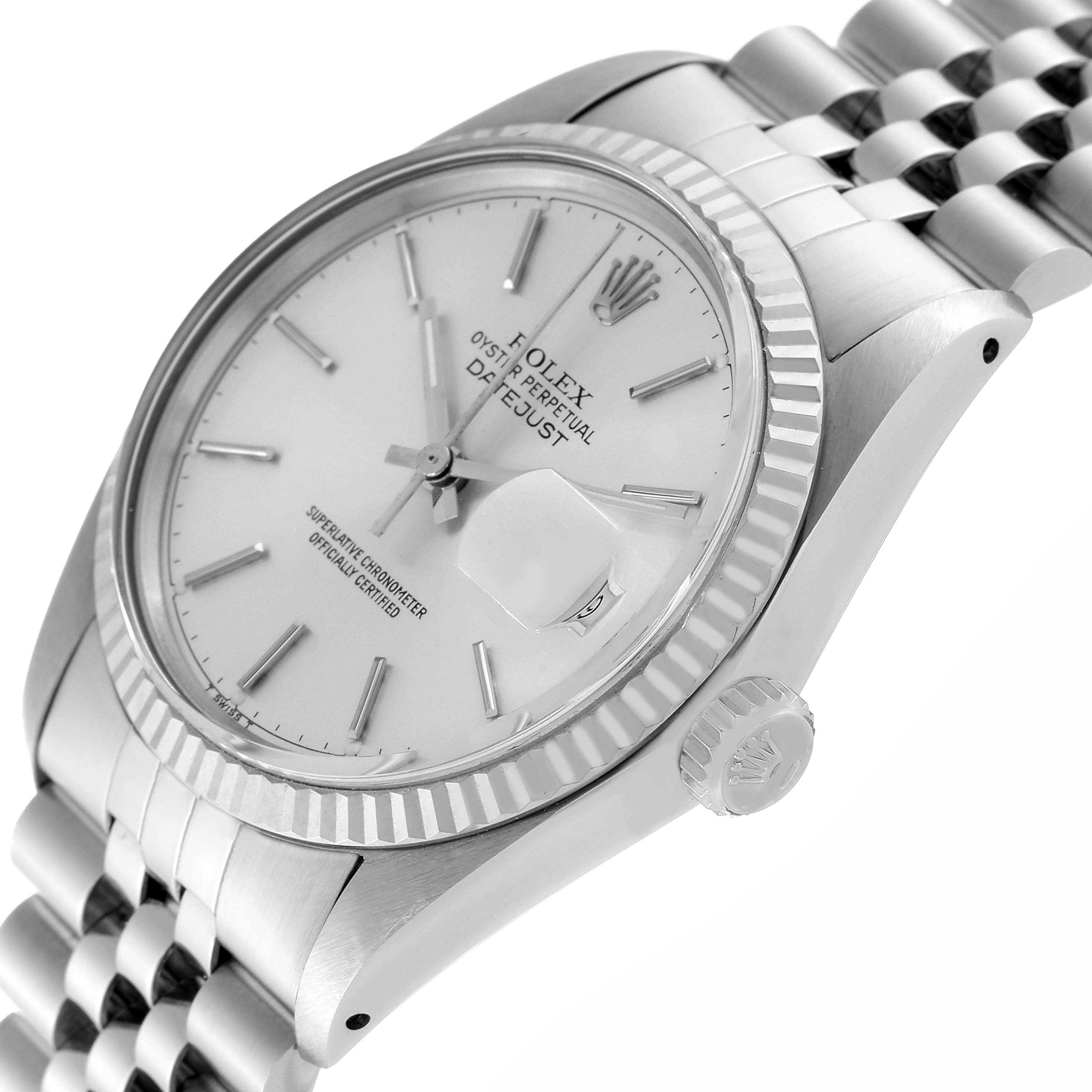 The image shows a Rolex Vintage Collection 16014 Men's Stainless Steel Silver Dial 16014 Men's Stainless Steel Silver Dial watch from an angle highlighting the dial, crown, and a portion of the bracelet.