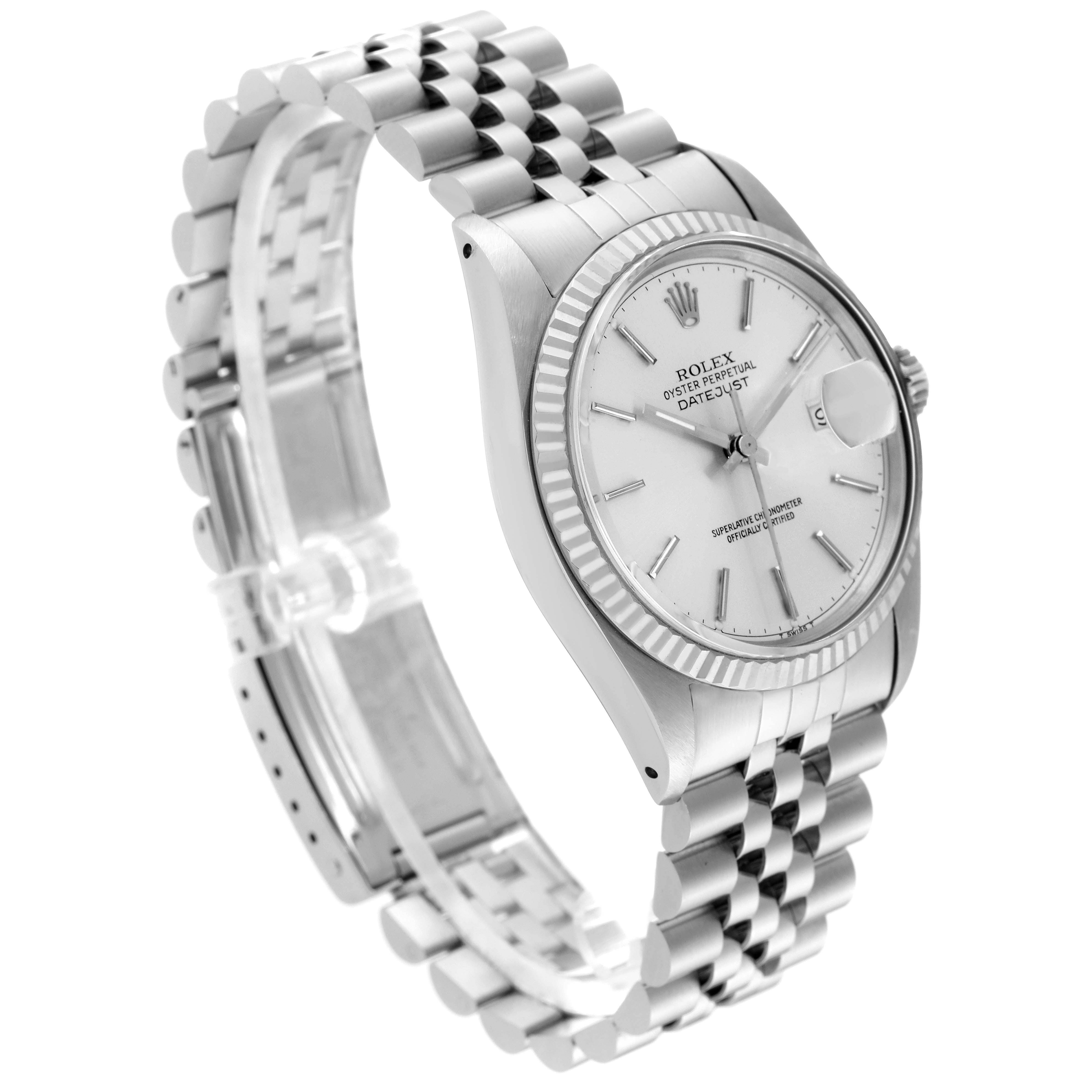 The image shows a Rolex Vintage Collection 16014 Men's Stainless Steel Silver Dial 16014 Men's Stainless Steel Silver Dial model, angled to display the face, bezel, and metal bracelet.