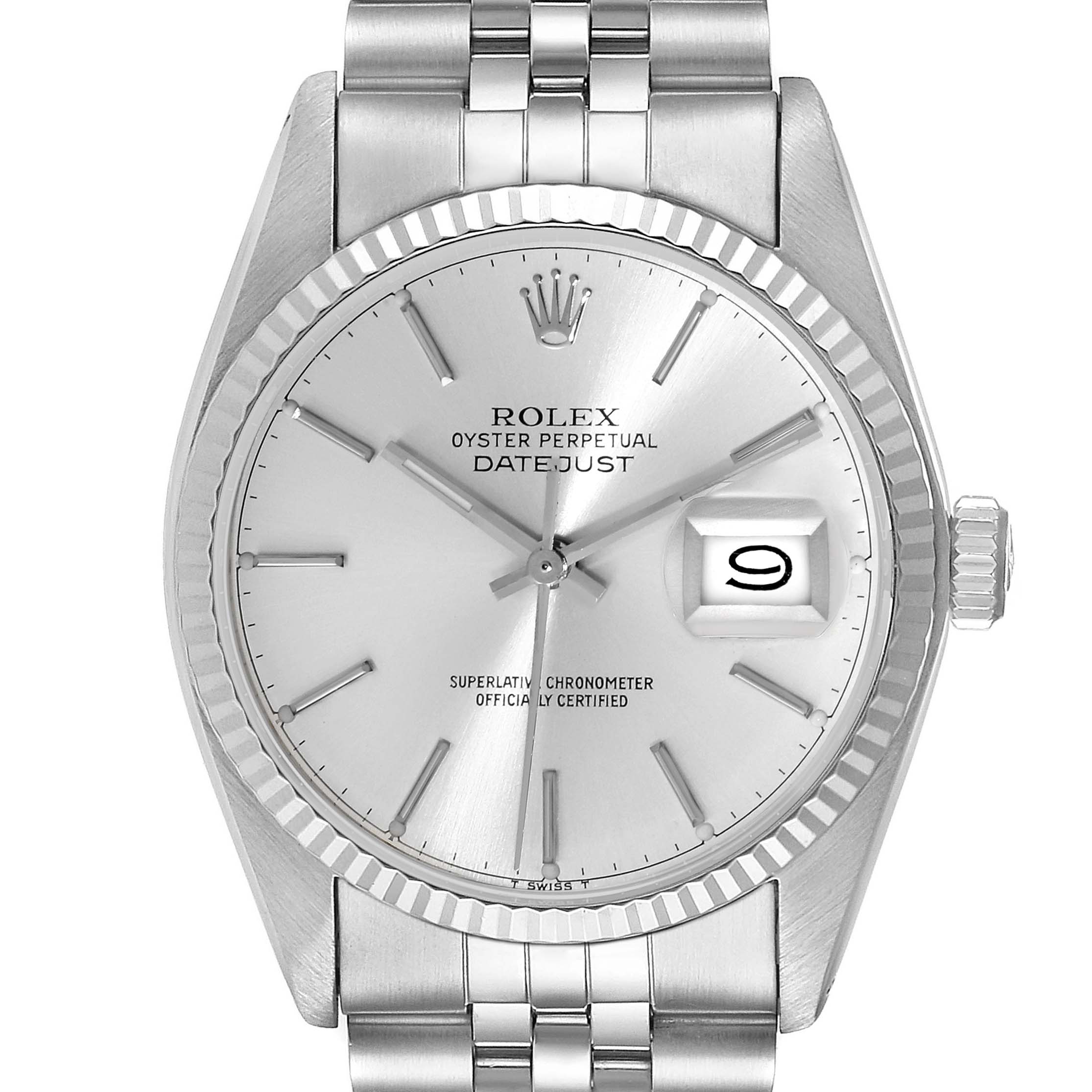 The image shows a straight-on view of the Rolex Vintage Collection 16014 Men's Stainless Steel Silver Dial 16014 Men's Stainless Steel Silver Dial Datejust, highlighting the dial, bezel, and part of the bracelet.