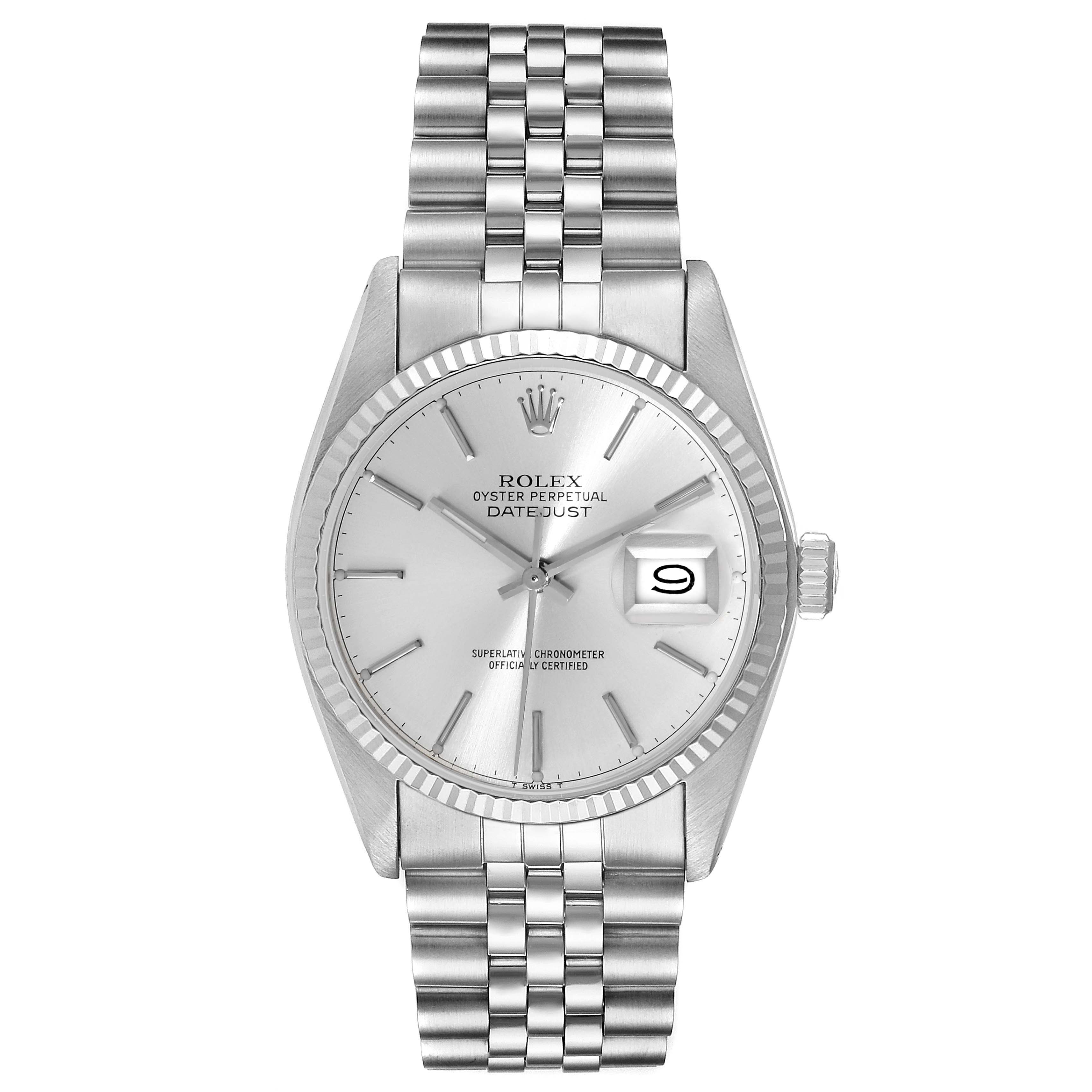 The image shows a front view of the Rolex Vintage Collection 16014 Men's Stainless Steel Silver Dial 16014 Men's Stainless Steel Silver Dial Datejust, highlighting its dial, bezel, bracelet, and crown.