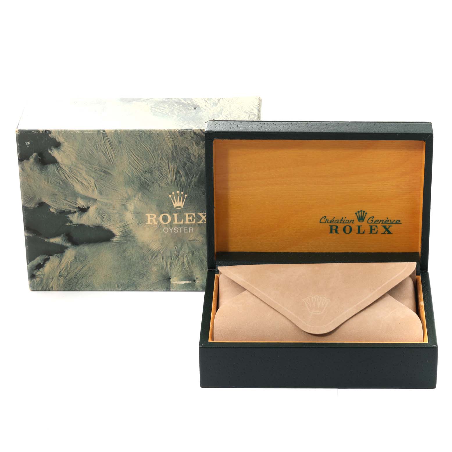 This image shows a Rolex Vintage Collection 16014 Men's Stainless Steel Silver Dial 16014 Men's Stainless Steel Silver Dial watch box, an open wooden case, and a brown pouch inside the box.