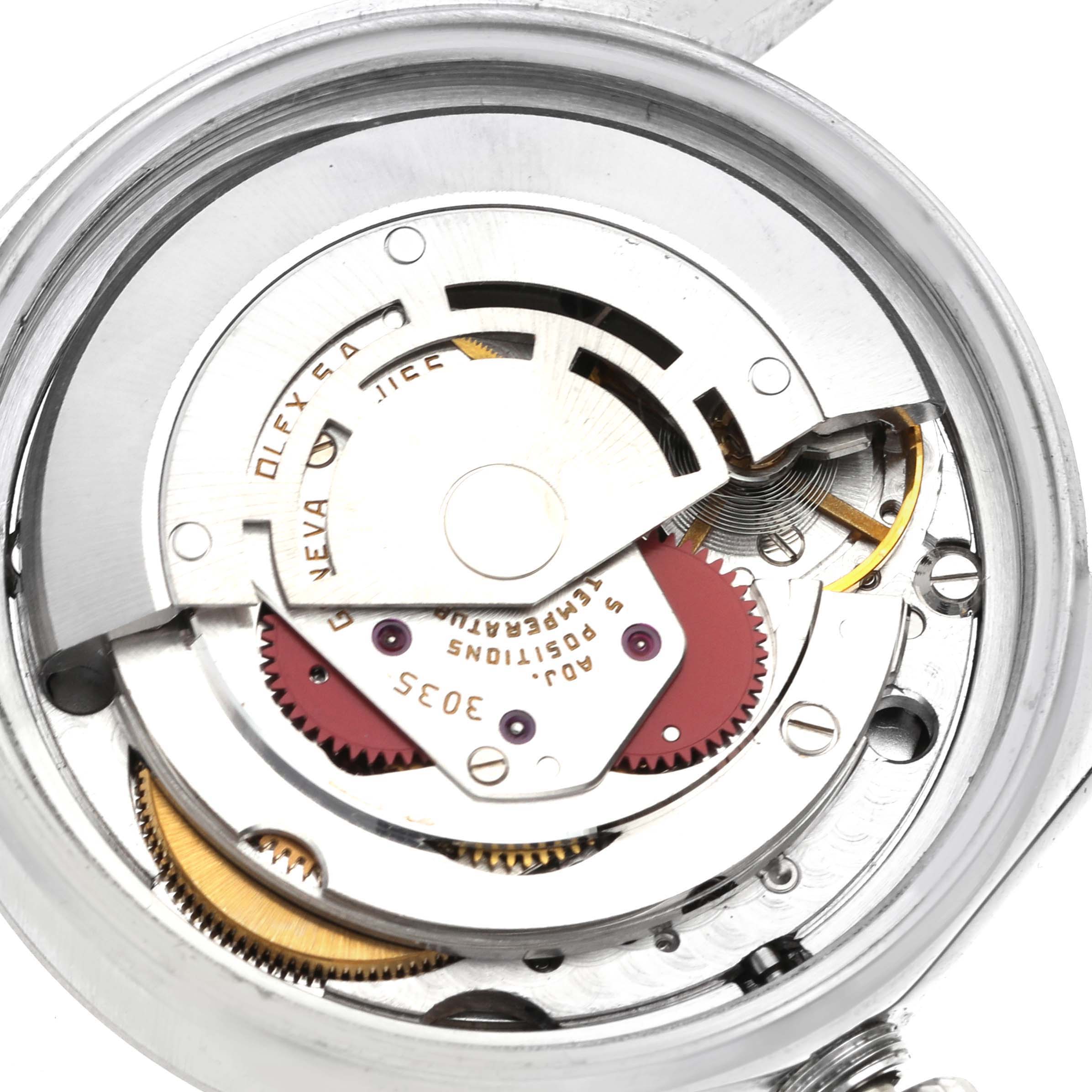 This image shows the inner mechanics of a Rolex Vintage Collection 16014 Men's Stainless Steel Silver Dial 16014 Men's Stainless Steel Silver Dial watch, focusing on its intricate movement components.