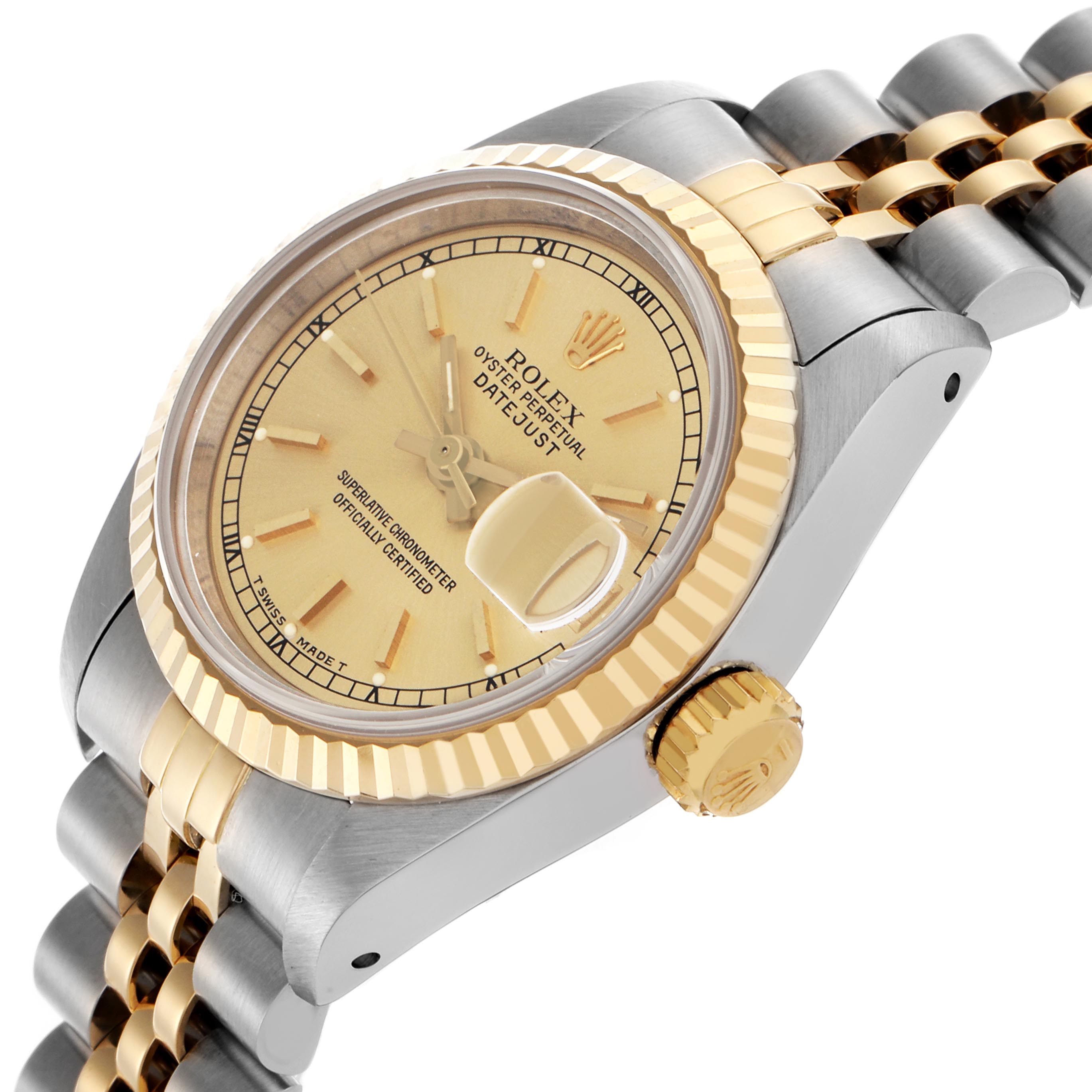 The Rolex Datejust 69173 Women's Steel and Gold (two tone) Champagne Dial 69173 Women's Steel and Gold (two tone) Champagne Dial watch is shown from a slight side angle, highlighting the dial, fluted bezel, crown, and part of the bracelet.