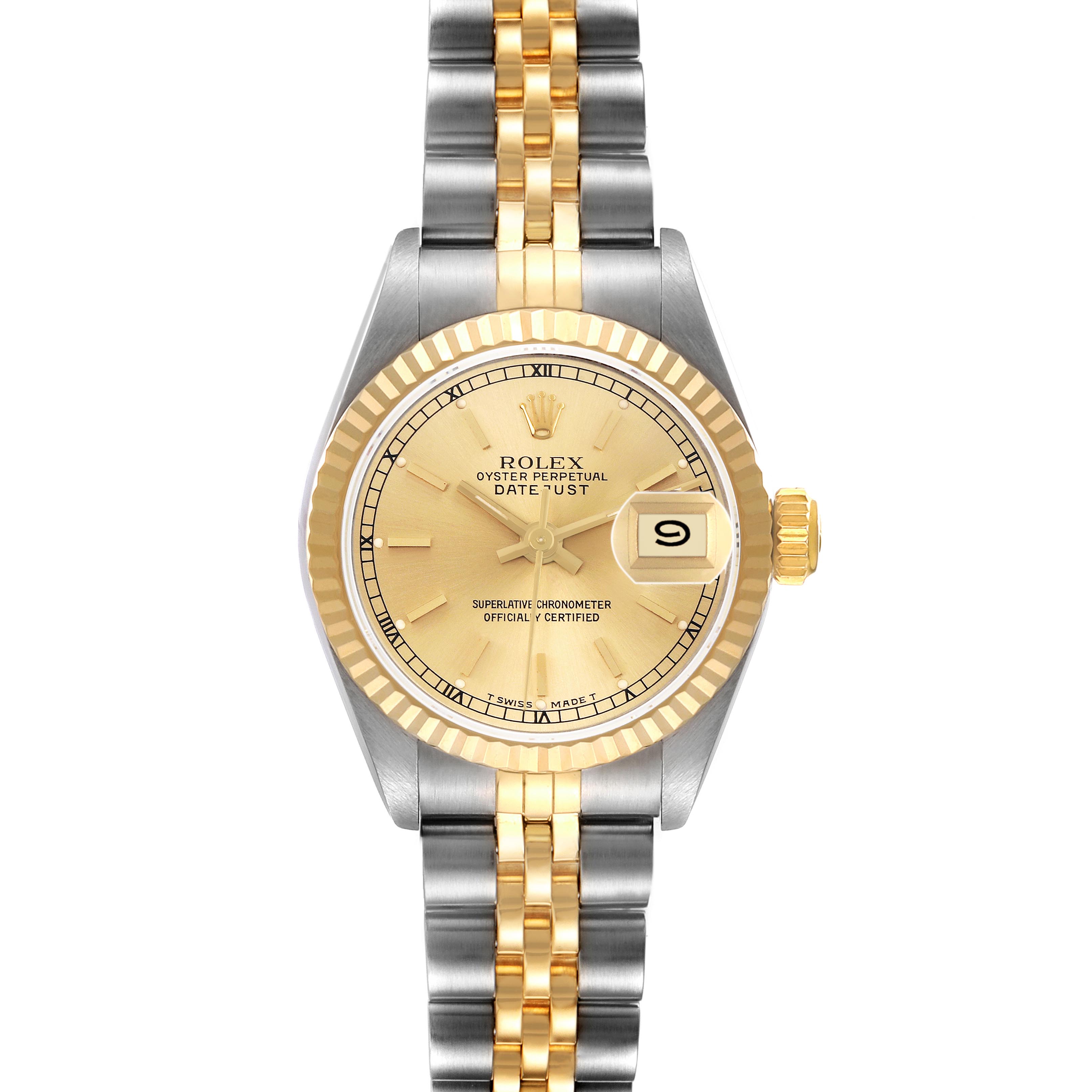 The Rolex Datejust 69173 Women's Steel and Gold (two tone) Champagne Dial 69173 Women's Steel and Gold (two tone) Champagne Dial watch is shown from a front angle, displaying the face, bezel, crown, and two-tone bracelet.