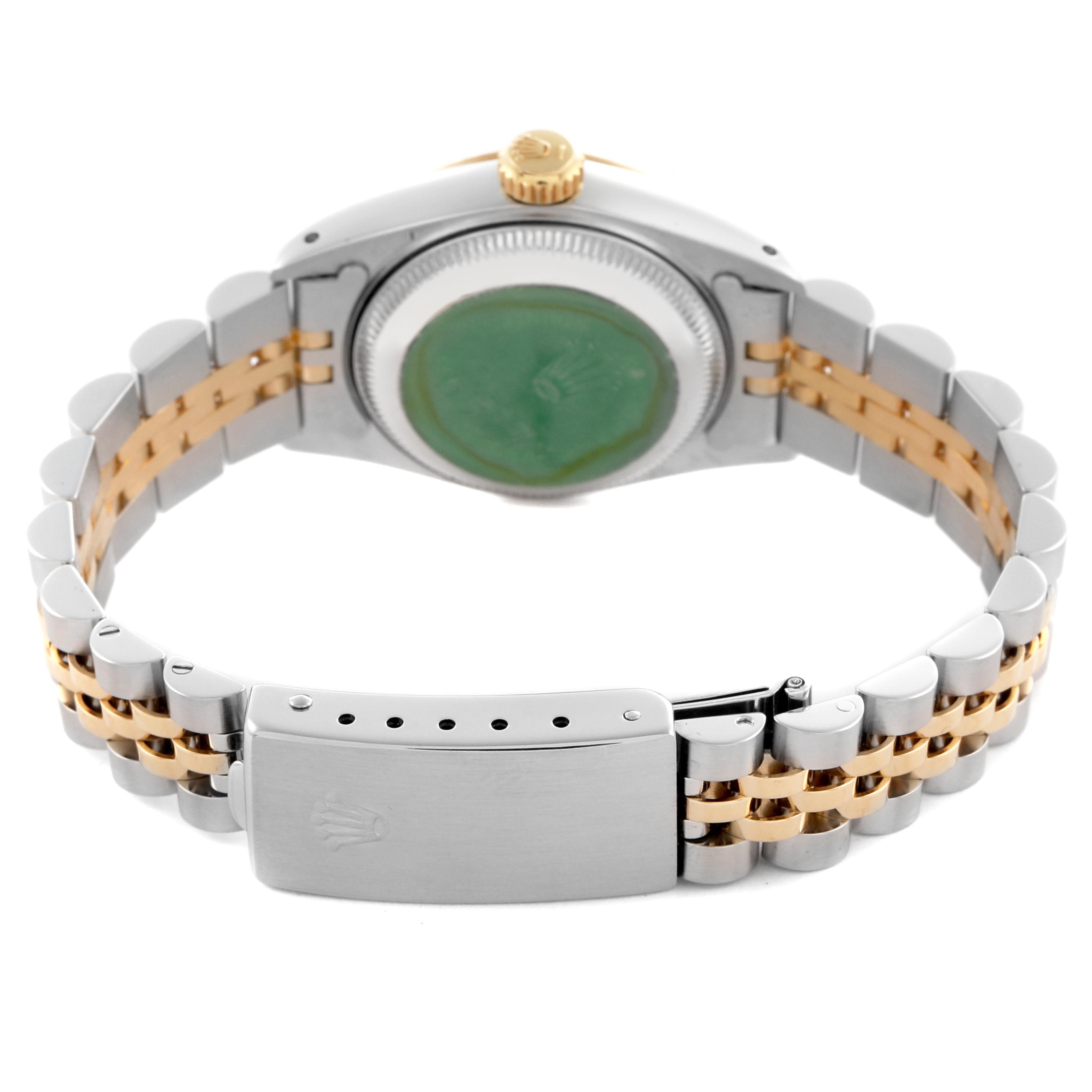 The image shows the back angle of a Rolex Datejust 69173 Women's Steel and Gold (two tone) Champagne Dial 69173 Women's Steel and Gold (two tone) Champagne Dial watch, highlighting the case back, crown, and two-tone bracelet with a clasp.