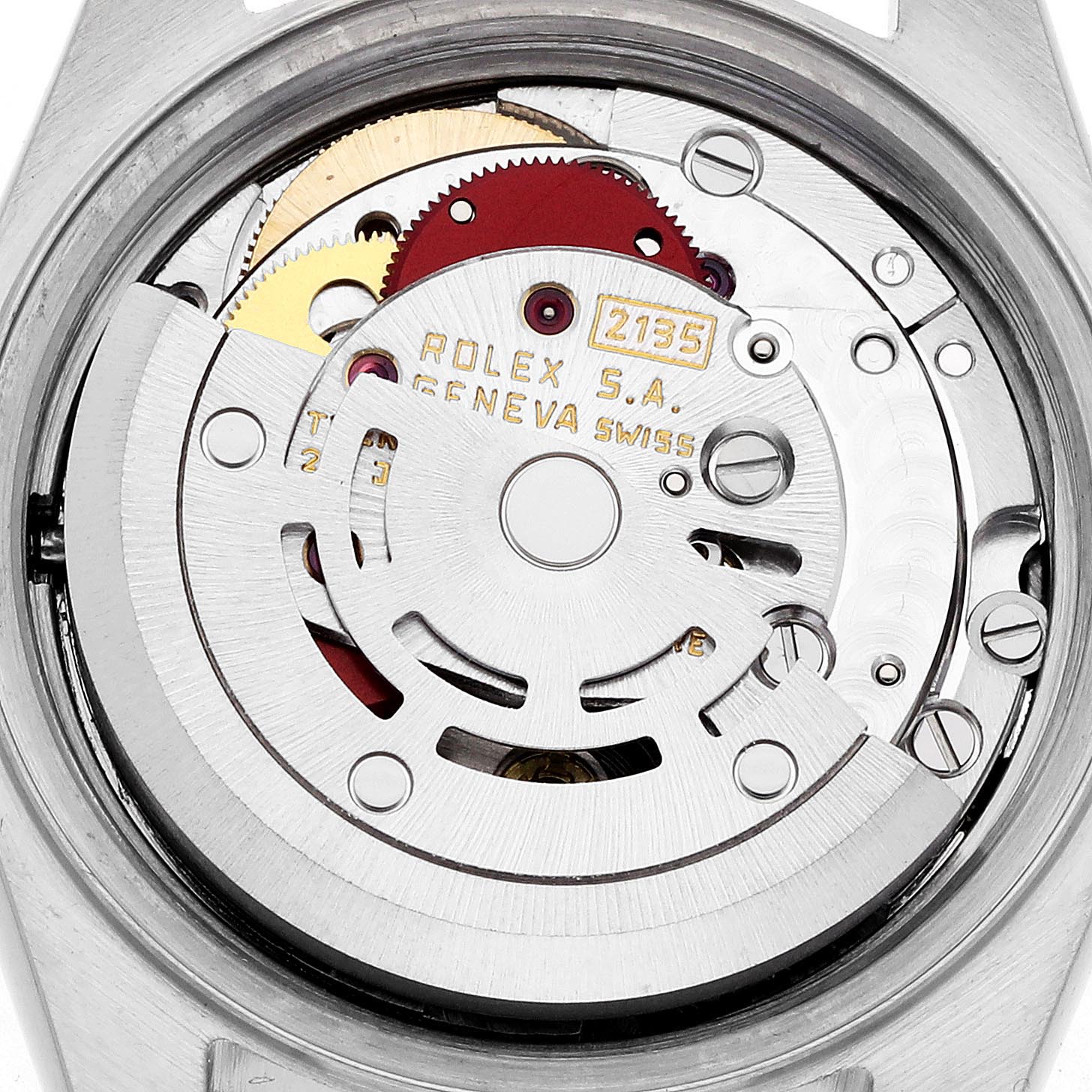The image shows the movement of a Rolex Datejust 69173 Women's Steel and Gold (two tone) Champagne Dial 69173 Women's Steel and Gold (two tone) Champagne Dial watch from a top-down angle, highlighting the rotor and internal gears.