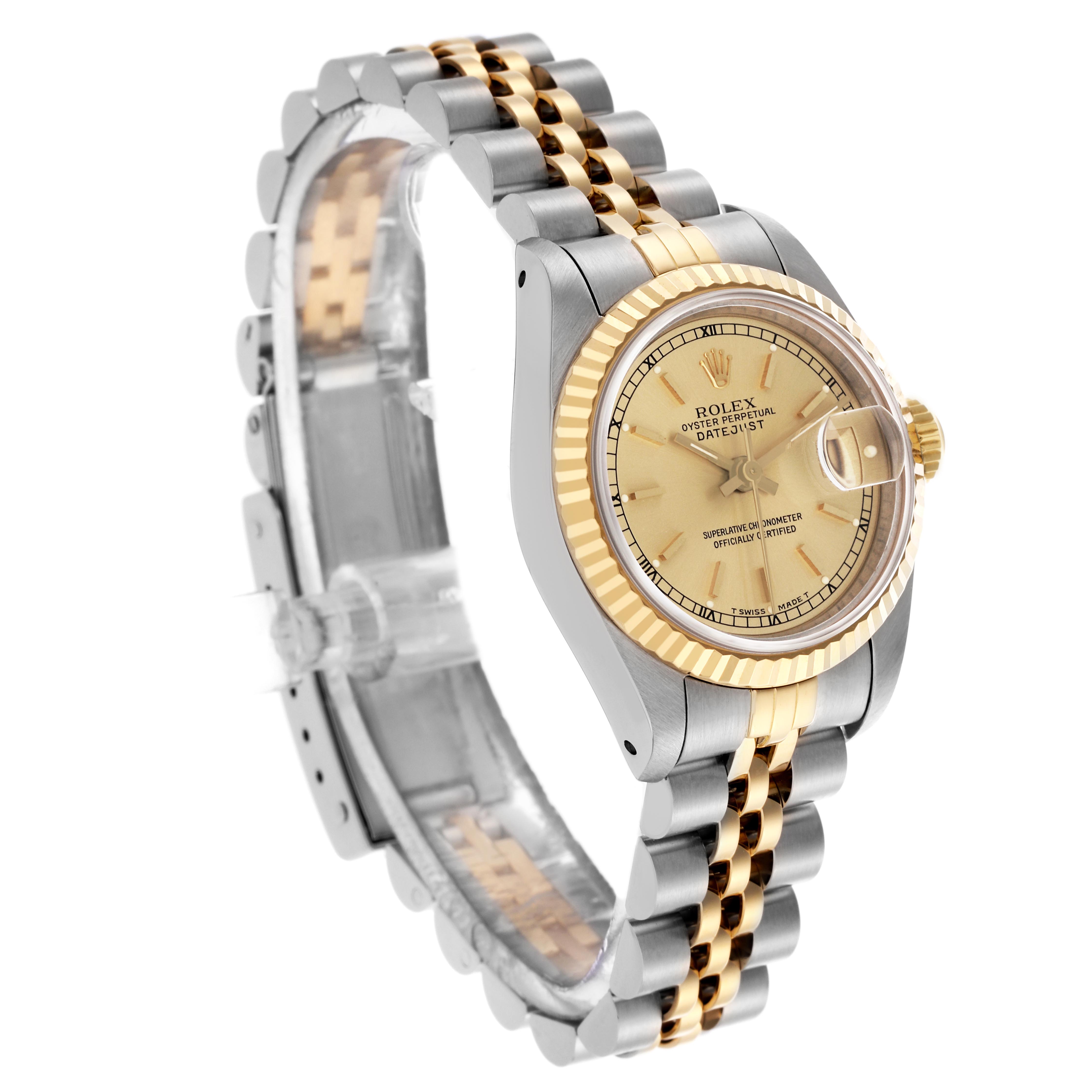 The Rolex Datejust 69173 Women's Steel and Gold (two tone) Champagne Dial 69173 Women's Steel and Gold (two tone) Champagne Dial watch is shown at an angle highlighting the face, bezel, and two-tone bracelet.
