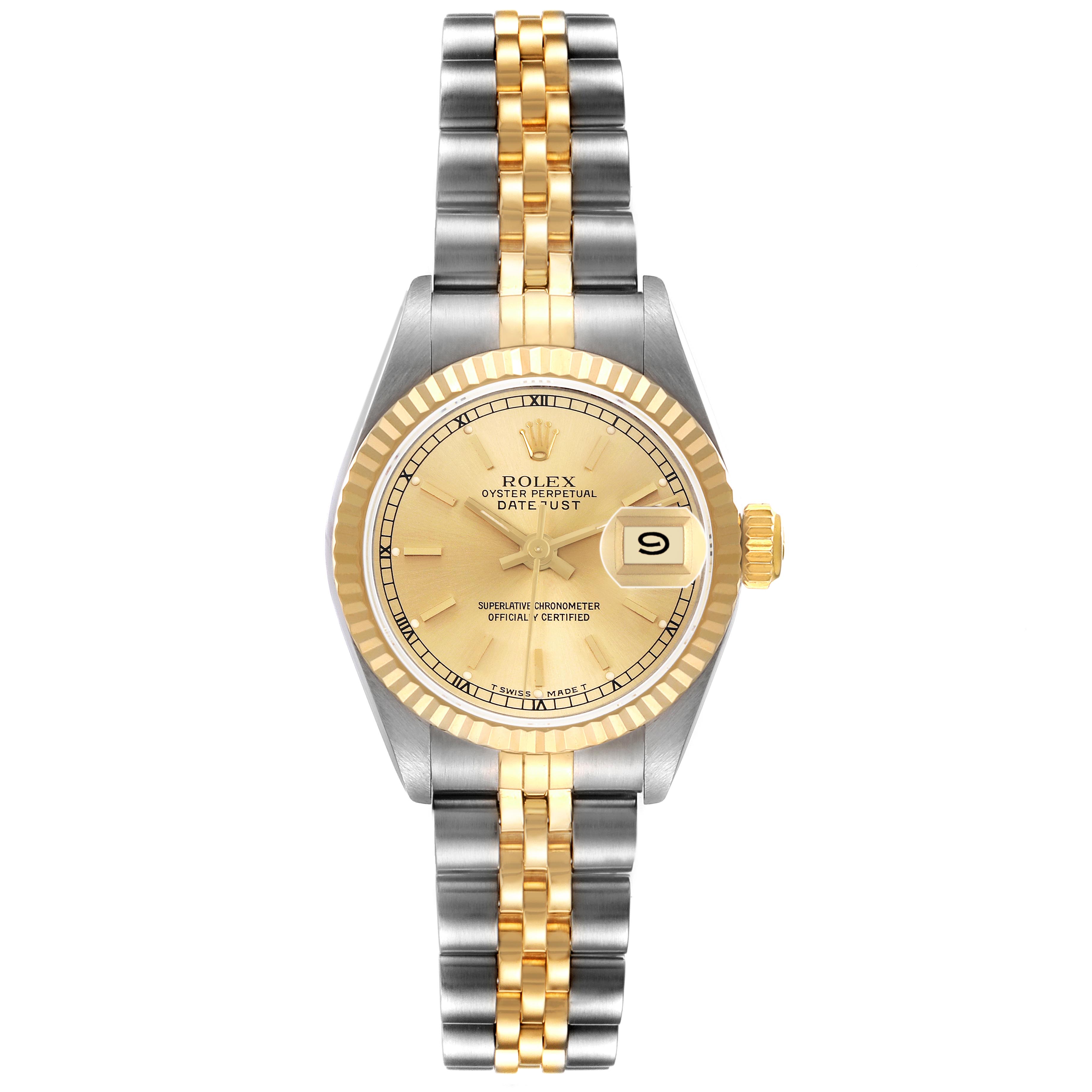 The Rolex Datejust 69173 Women's Steel and Gold (two tone) Champagne Dial 69173 Women's Steel and Gold (two tone) Champagne Dial watch is shown from the front, featuring its dial, bezel, and partially visible bracelet.