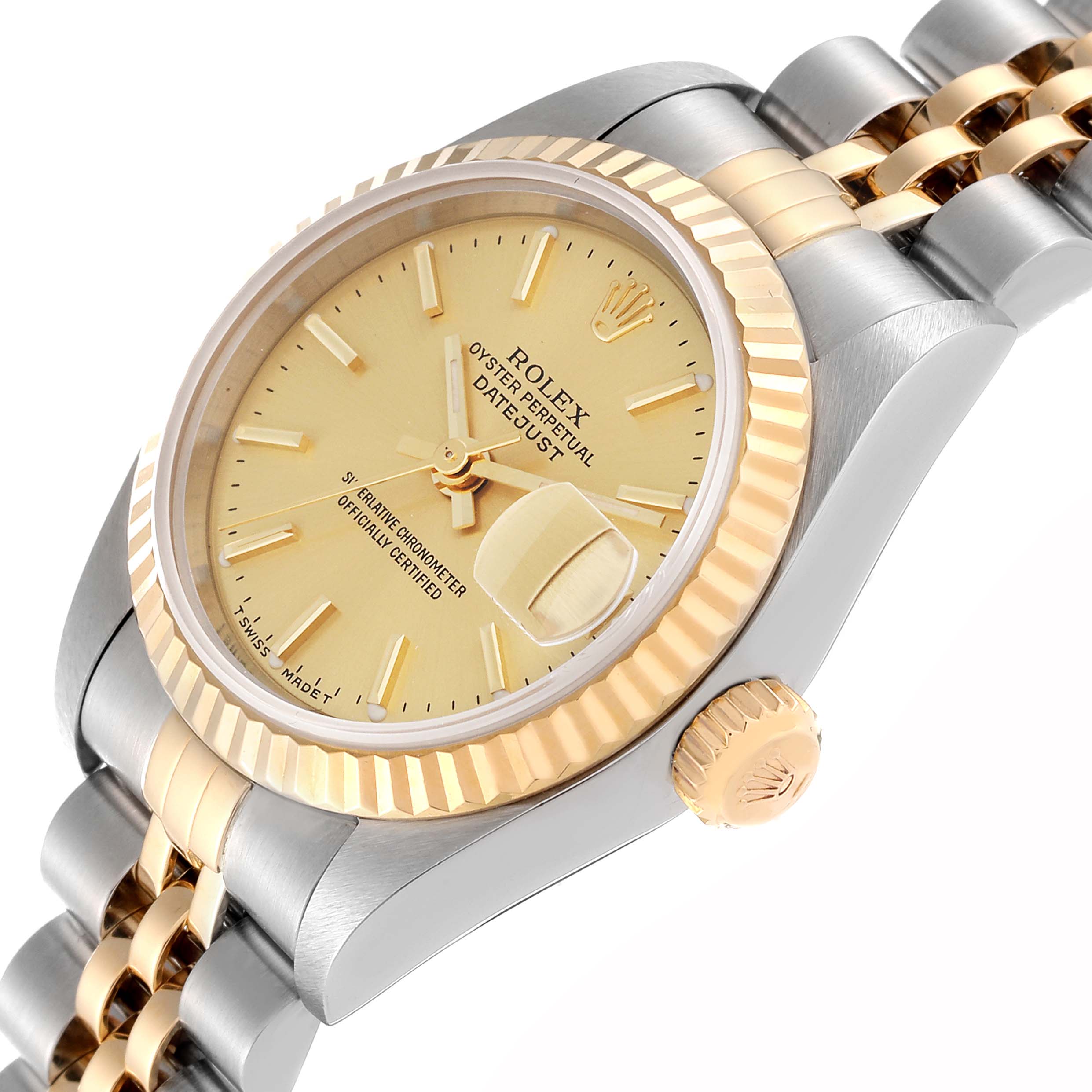 The image shows a close-up angle of the Rolex Datejust 79173 Women's Steel and Gold (two tone) Champagne Dial 79173 Women's Steel and Gold (two tone) Champagne Dial watch, highlighting the dial, bezel, and part of the two-tone bracelet.