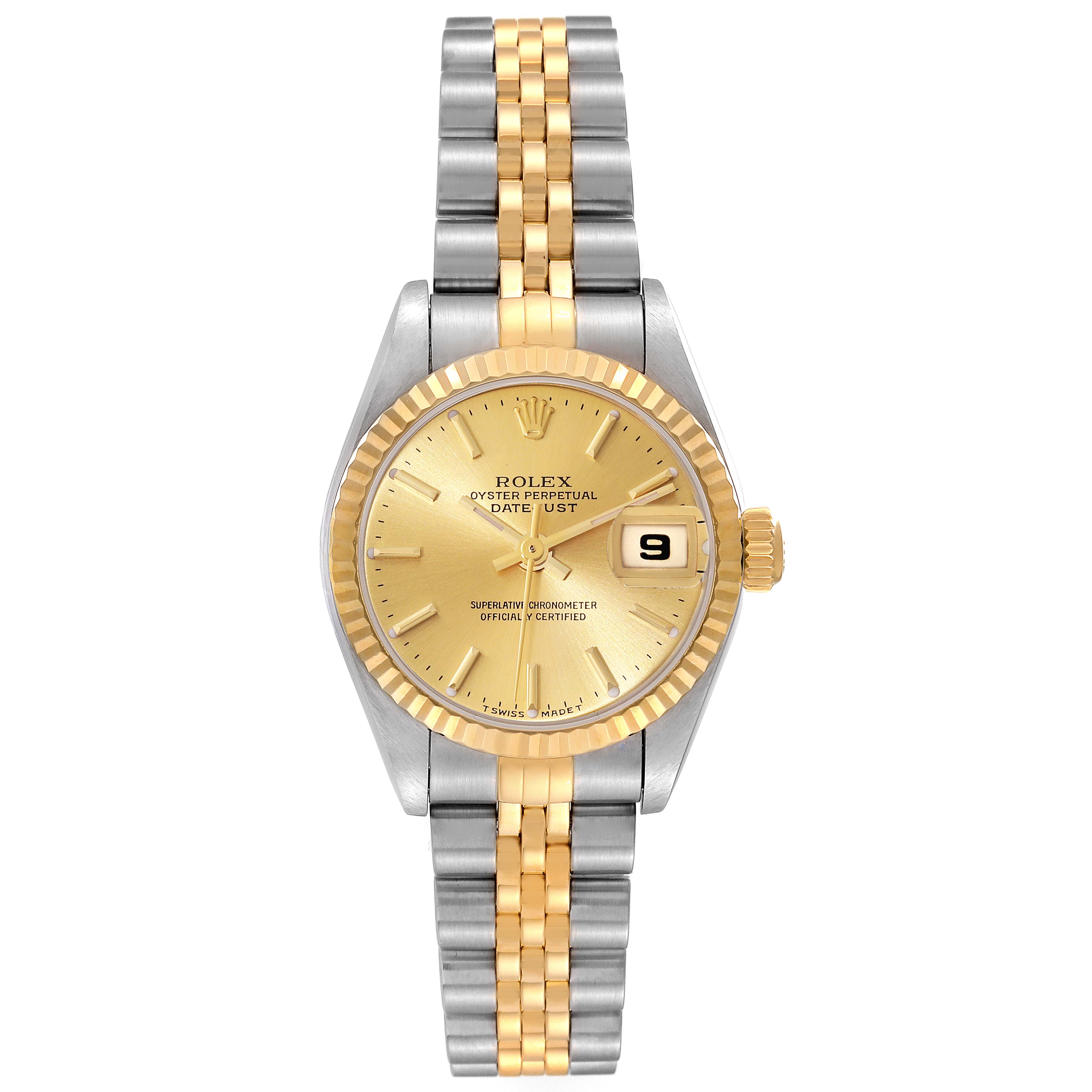 This image shows a front view of a Rolex Datejust 79173 Women's Steel and Gold (two tone) Champagne Dial 79173 Women's Steel and Gold (two tone) Champagne Dial watch featuring a two-tone bracelet and a gold dial.