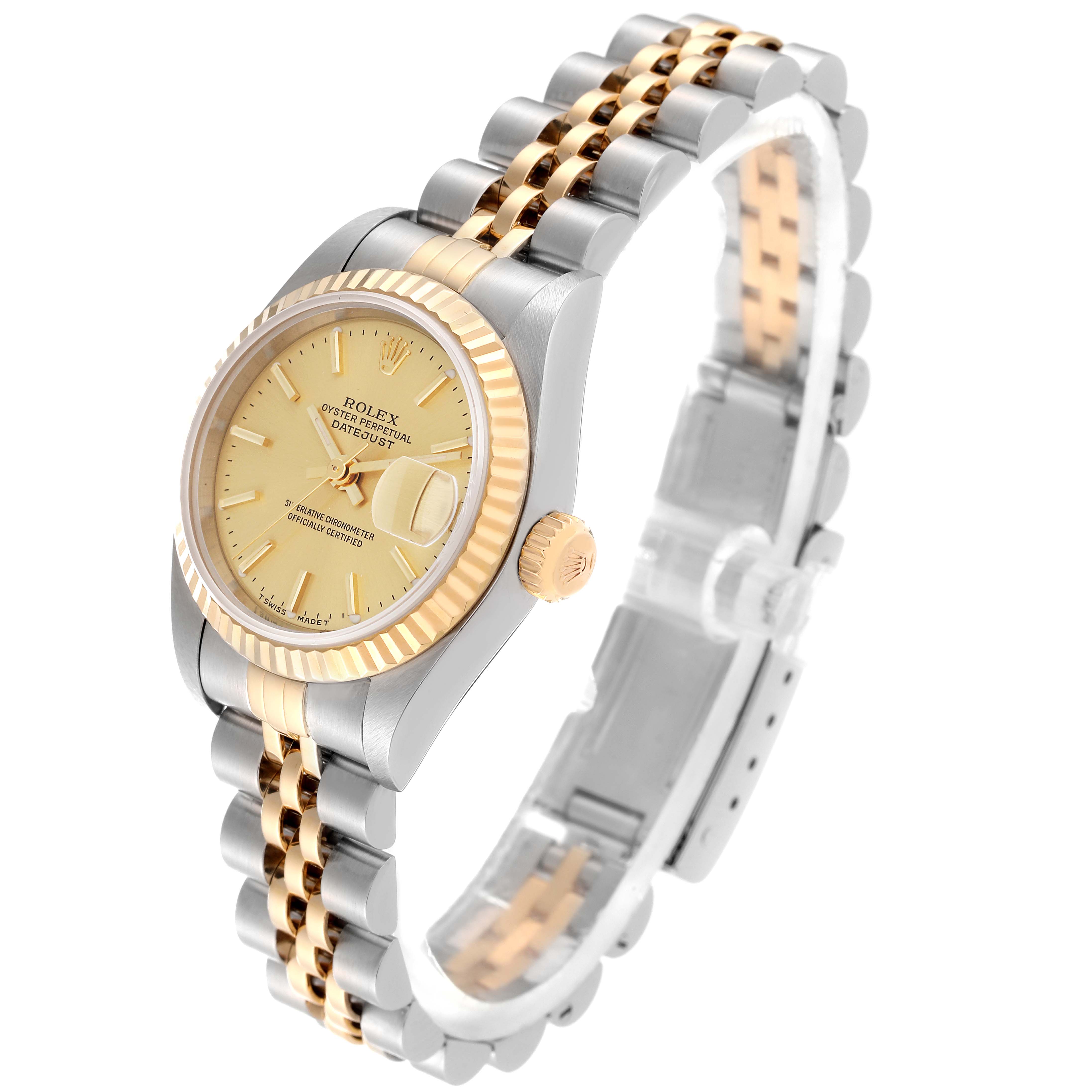The Rolex Datejust 79173 Women's Steel and Gold (two tone) Champagne Dial 79173 Women's Steel and Gold (two tone) Champagne Dial watch is shown at a three-quarter angle, highlighting the dial, bezel, crown, and two-tone bracelet.