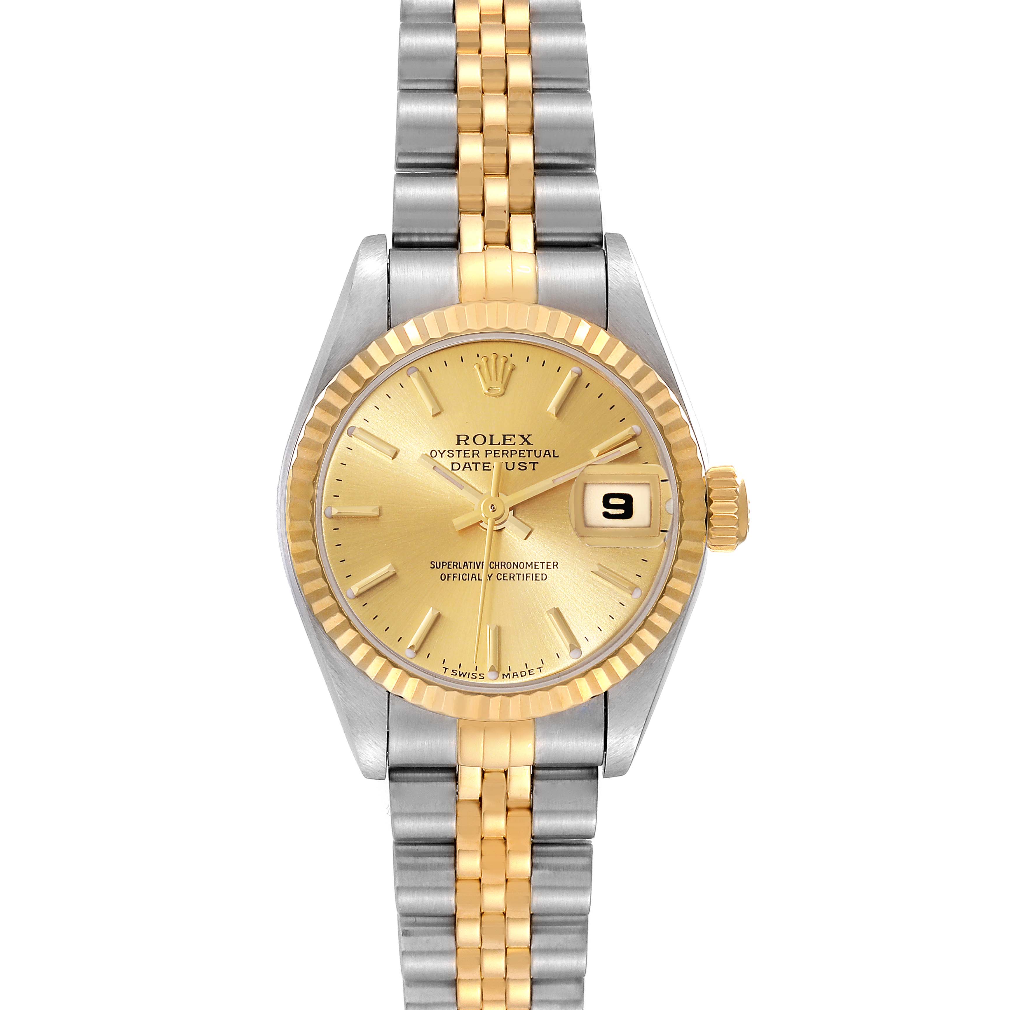 The Rolex Datejust 79173 Women's Steel and Gold (two tone) Champagne Dial 79173 Women's Steel and Gold (two tone) Champagne Dial model is shown from the front, displaying the face, crown, and two-tone bracelet.