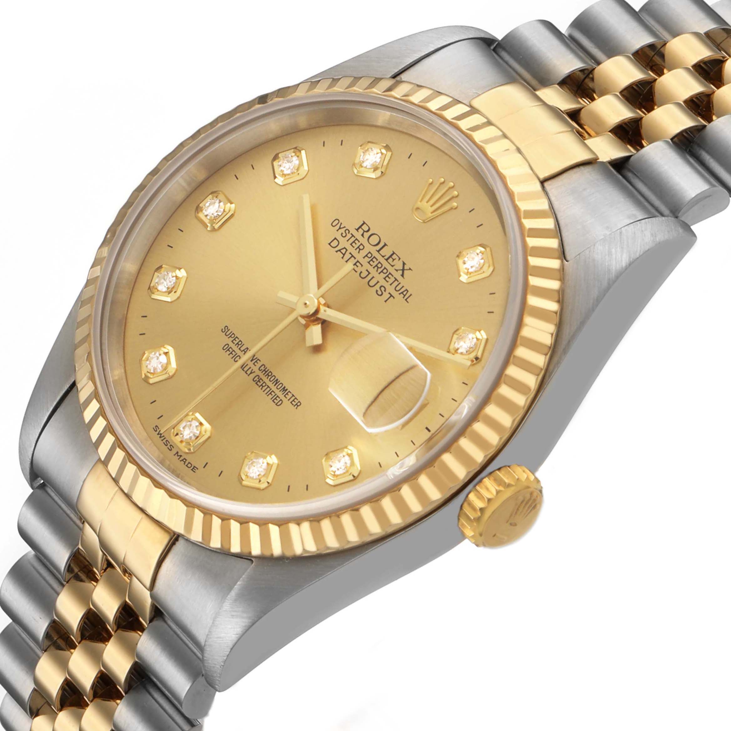 The Rolex Datejust 16233 Men's Stainless Steel Champagne Dial watch is shown at an angle highlighting the gold bezel, champagne dial, and two-tone jubilee bracelet.