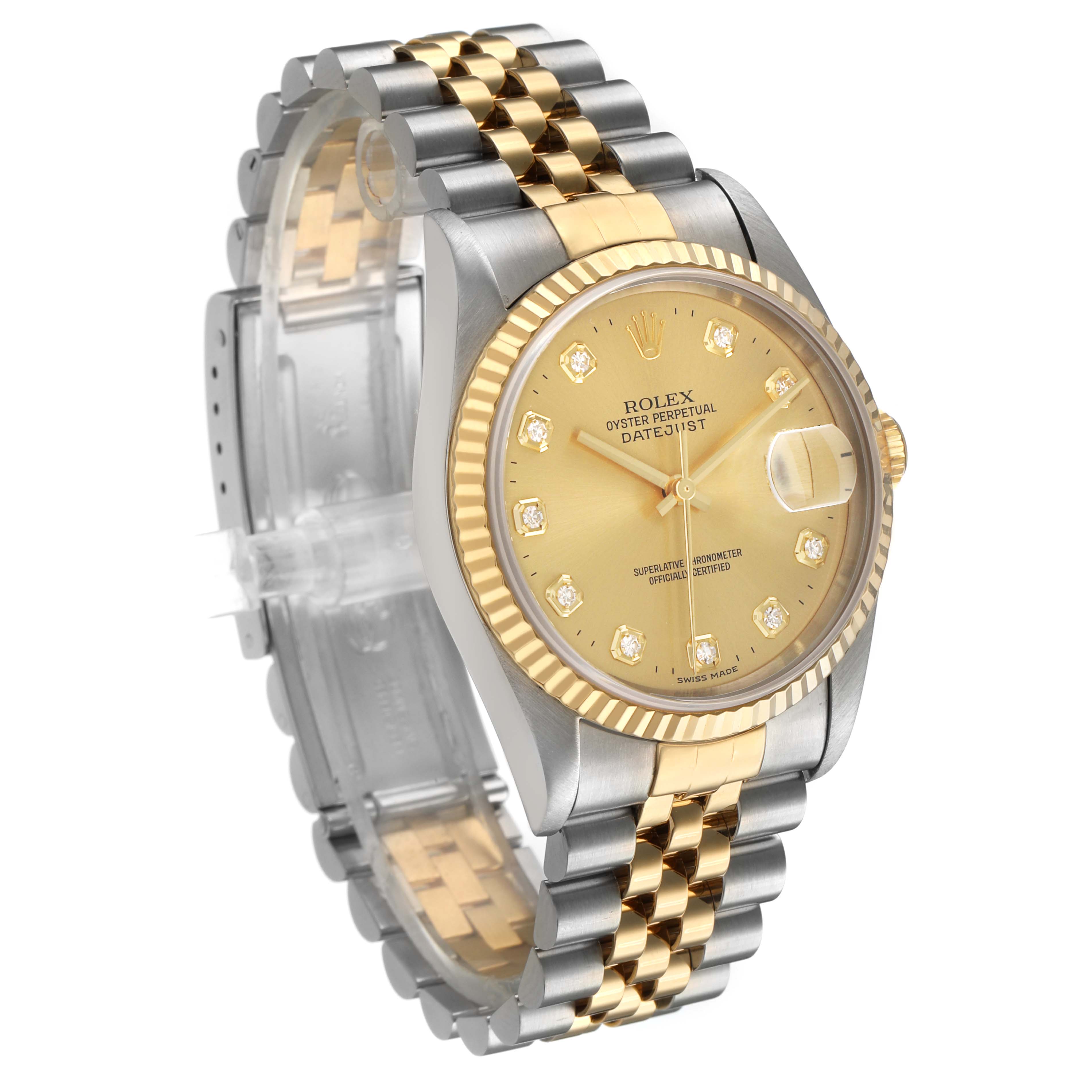 The Rolex Datejust 16233 Men's Stainless Steel Champagne Dial watch is shown at a three-quarter angle highlighting the gold and silver bracelet, dial, and bezel.