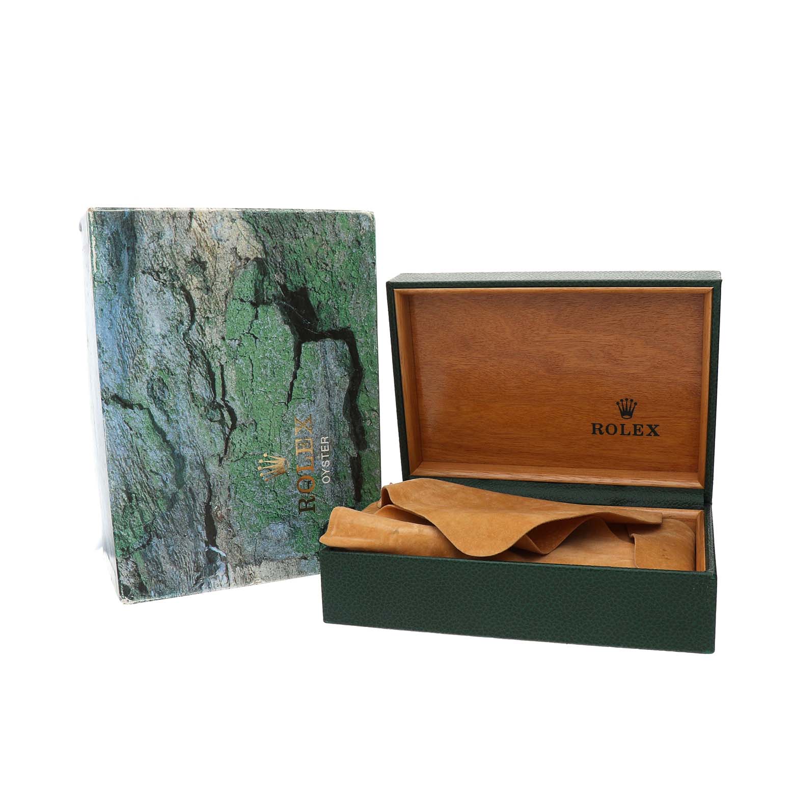 The image shows an open Rolex Datejust 16233 Men's Stainless Steel Champagne Dial box with a leather watch case and a textured outer box, viewed from the front.