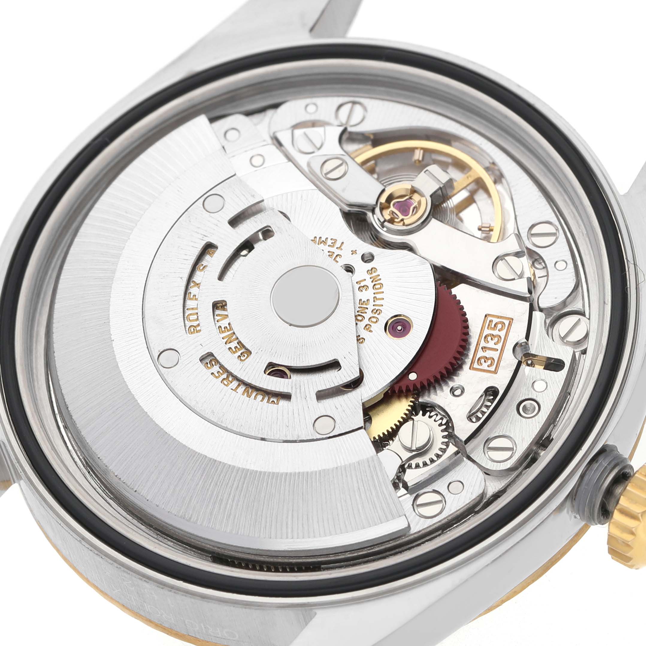 The image shows the open case back of a Rolex Datejust 16233 Men's Stainless Steel Champagne Dial, revealing its intricate movement and internal components.