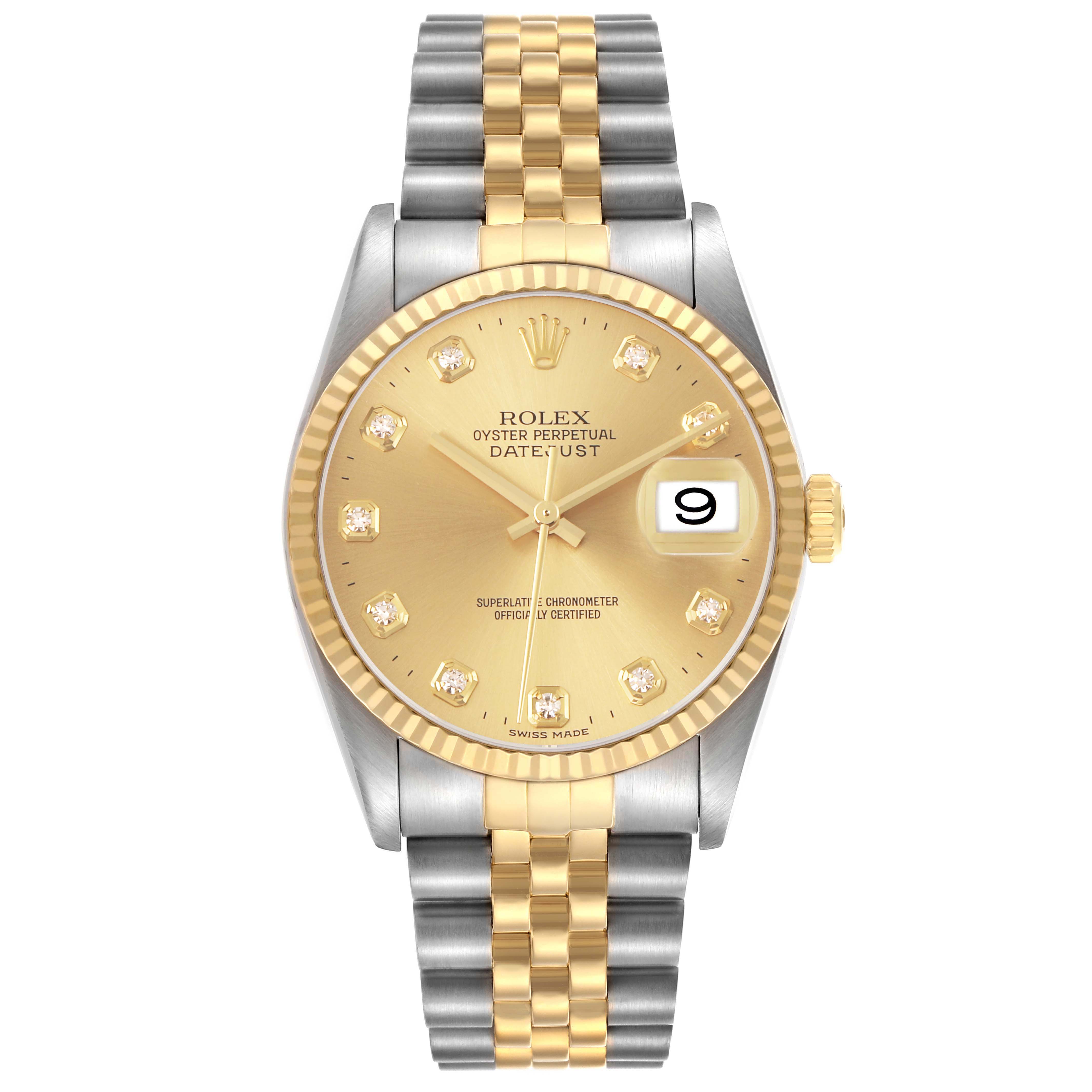 This Rolex Datejust 16233 Men's Stainless Steel Champagne Dial watch is shown from the front, displaying its gold dial, diamond hour markers, and two-tone bracelet.