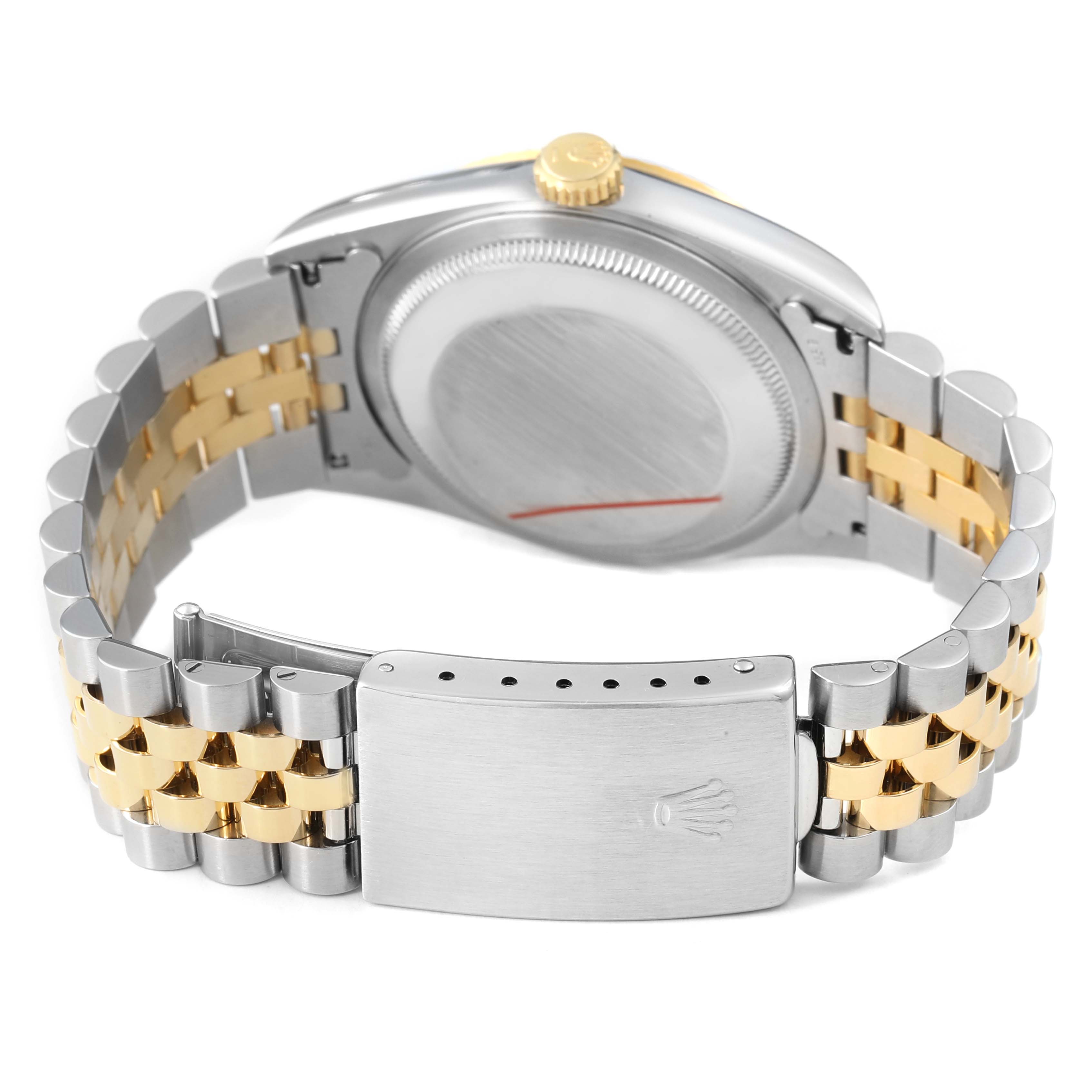 The image shows the back view of a Rolex Datejust 16233 Men's Stainless Steel Champagne Dial, focusing on the case back, crown, and two-tone Jubilee bracelet with clasp.
