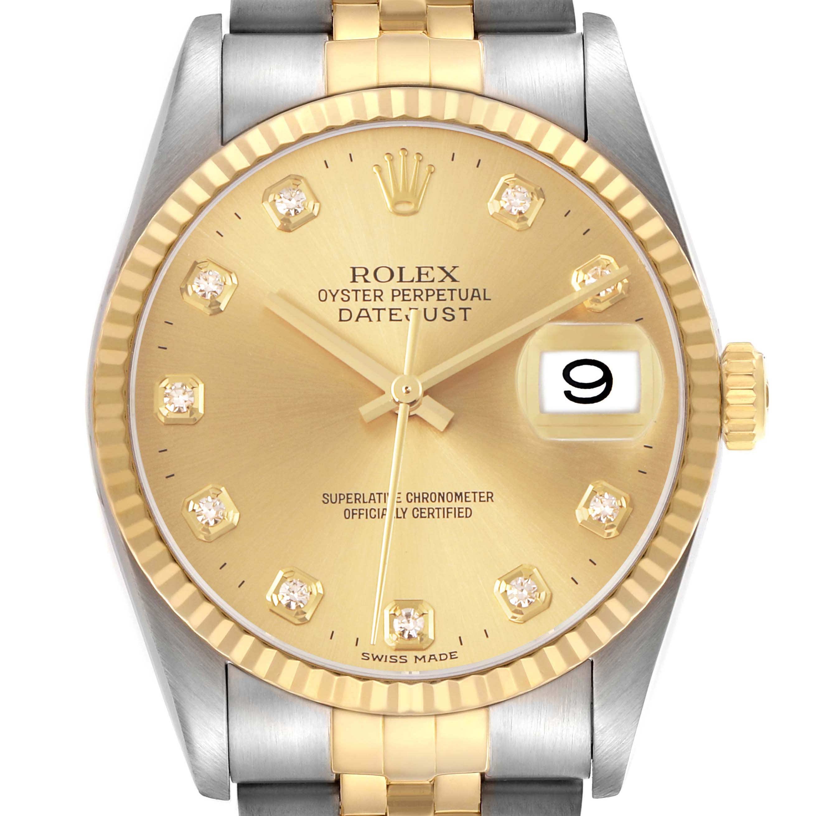 The Rolex Datejust 16233 Men's Stainless Steel Champagne Dial watch is shown from the front, highlighting its gold dial, diamond hour markers, and fluted bezel.