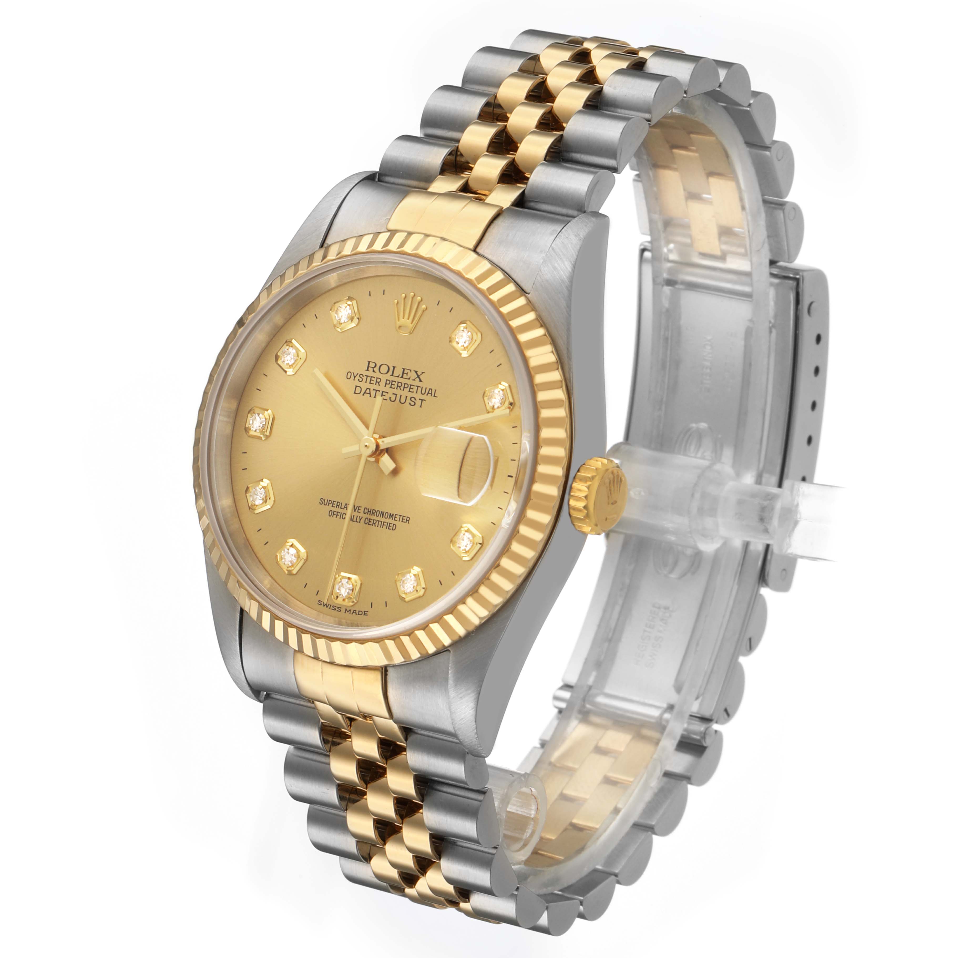 The image shows a Rolex Datejust 16233 Men's Stainless Steel Champagne Dial watch at a three-quarter angle, highlighting the face, bezel, and bracelet.
