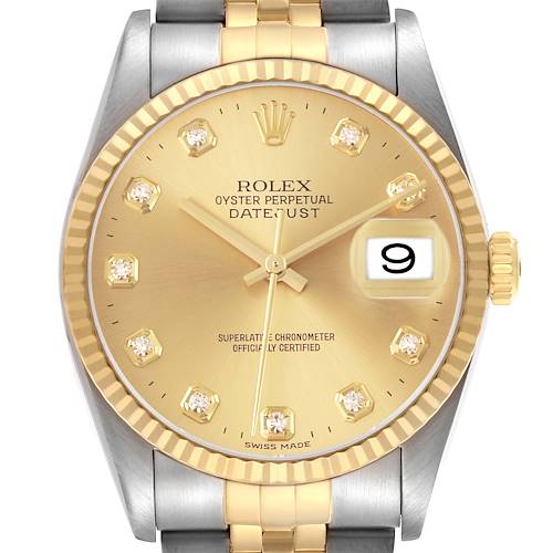 The Rolex Datejust 16233 Men's Stainless Steel Champagne Dial is shown from the front, highlighting the gold dial, diamond markers, date window, and two-tone bracelet.