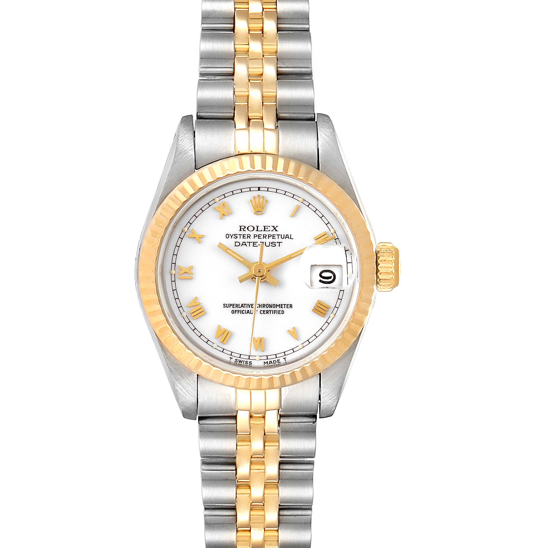 This image shows a frontal view of a Rolex Datejust 69173 Women
s Steel and Gold (two tone) White Dial 69173 Women
s Steel and Gold (two tone) White Dial watch, highlighting its two-tone bracelet, bezel, and white dial.