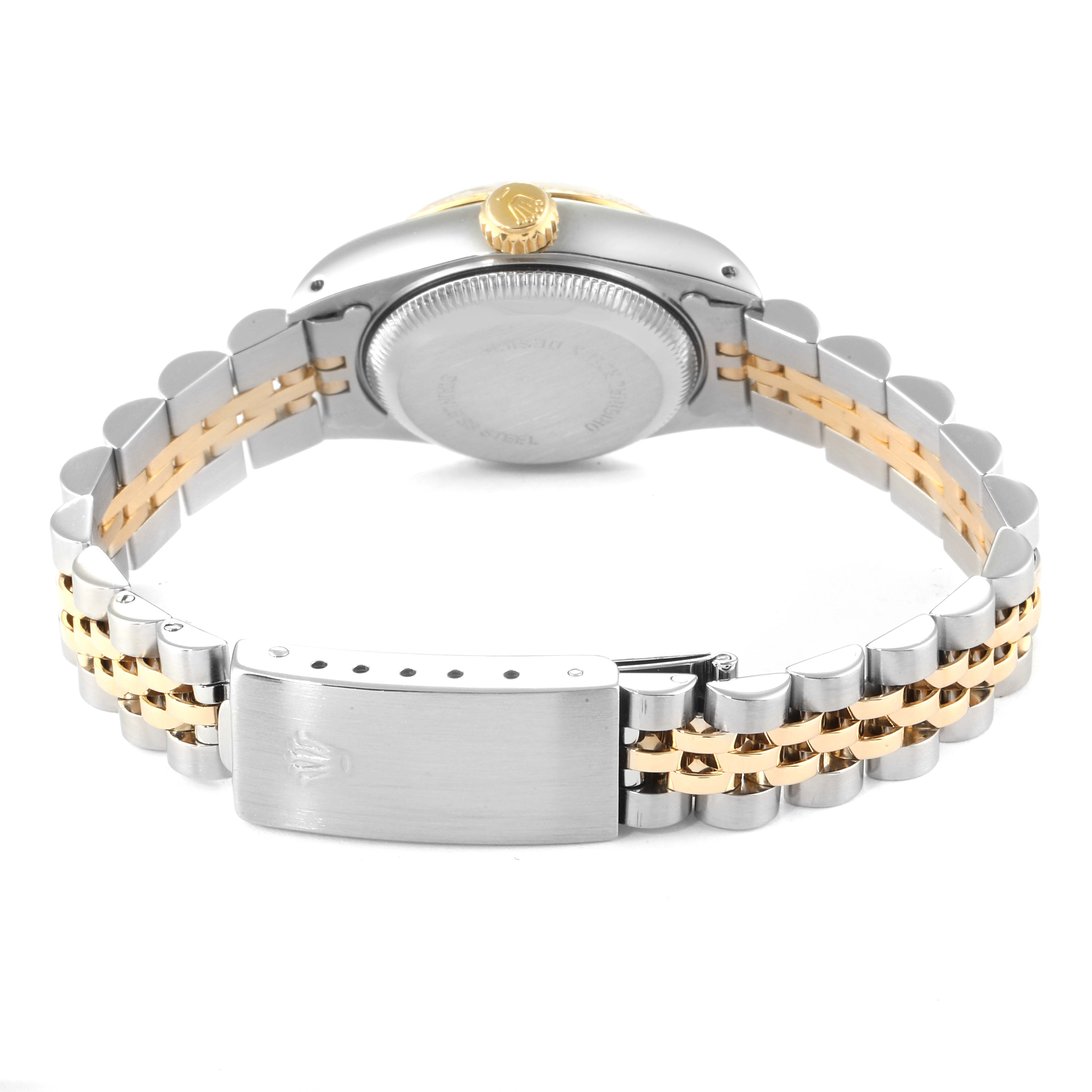 The image shows the back of a Rolex Datejust 69173 Women
s Steel and Gold (two tone) White Dial 69173 Women
s Steel and Gold (two tone) White Dial watch, highlighting the case back and two-tone bracelet with a clasp.