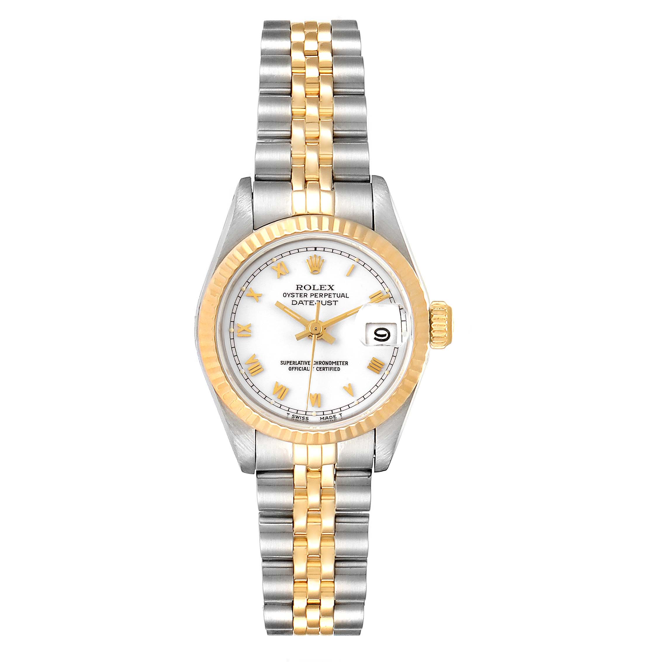 The Rolex Datejust 69173 Women
s Steel and Gold (two tone) White Dial 69173 Women
s Steel and Gold (two tone) White Dial watch is shown from a top-down angle, displaying its face, bracelet, bezel, and crown.