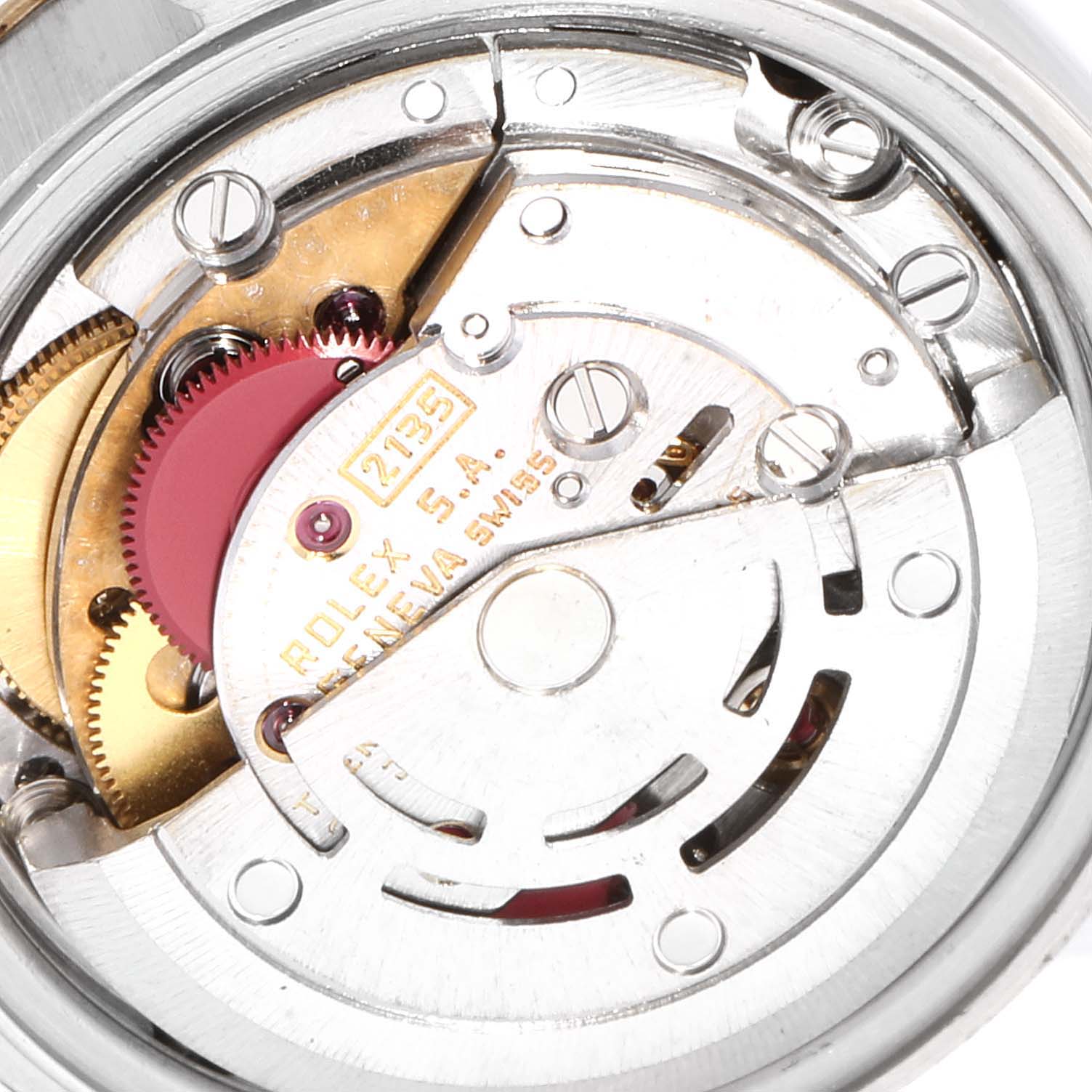 This image shows the detailed internal mechanics of the Rolex Datejust 69173 Women
s Steel and Gold (two tone) White Dial 69173 Women
s Steel and Gold (two tone) White Dial watch, featuring gears and movement components.
