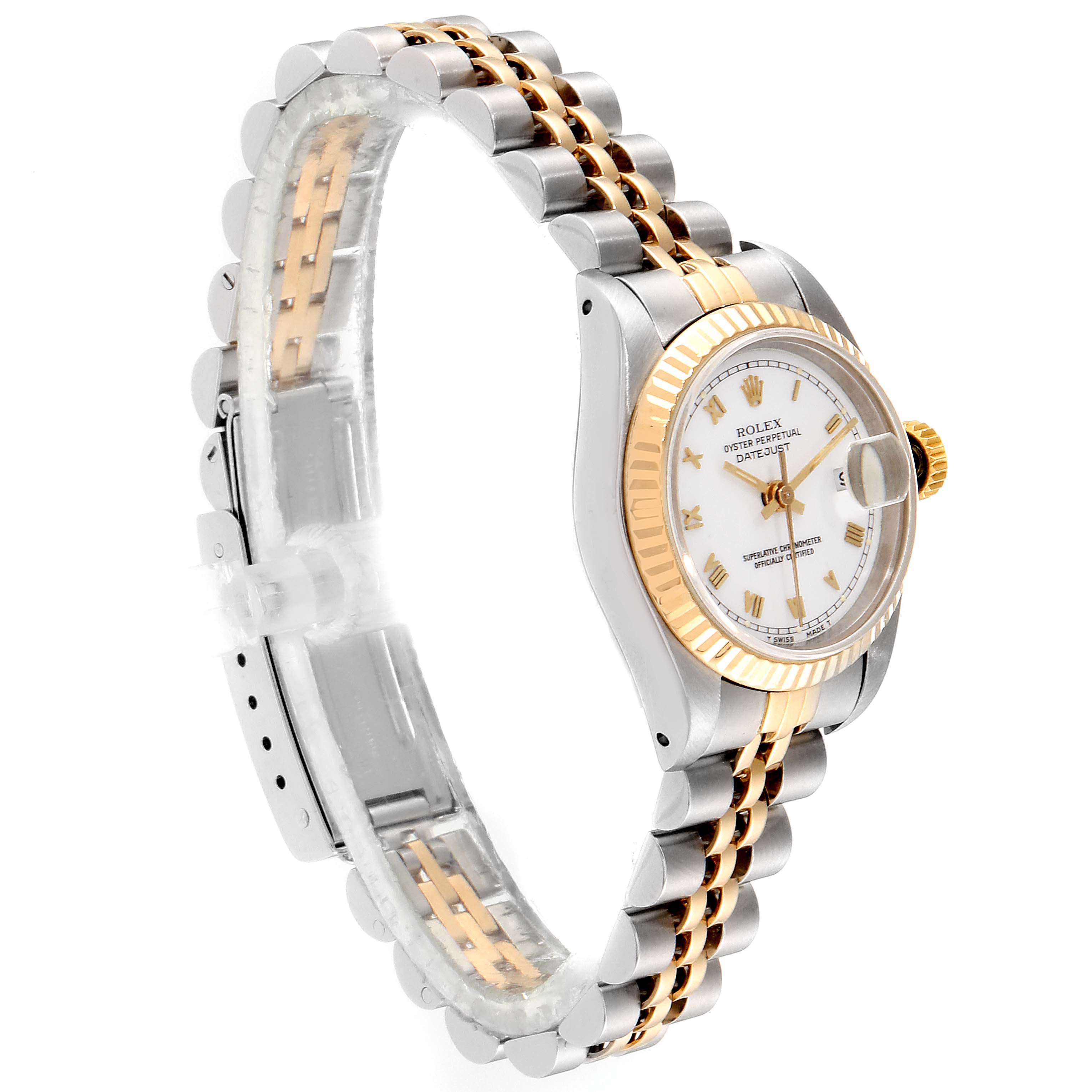 The image shows a side angle of a Rolex Datejust 69173 Women
s Steel and Gold (two tone) White Dial 69173 Women
s Steel and Gold (two tone) White Dial watch, highlighting the case, dial, bracelet, and crown.