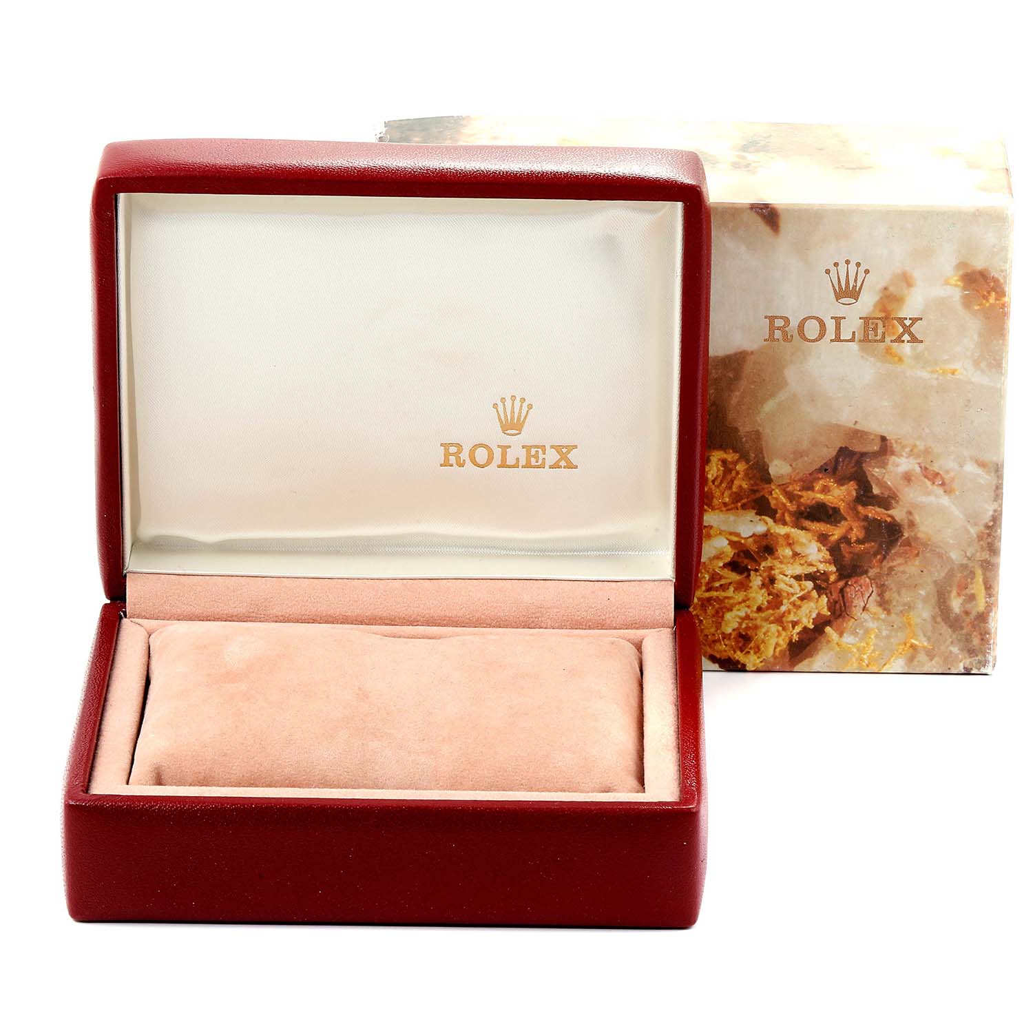 The image shows an open Rolex Datejust 69173 Women
s Steel and Gold (two tone) White Dial 69173 Women
s Steel and Gold (two tone) White Dial watch box with the Rolex logo inside, and the outer packaging behind it.