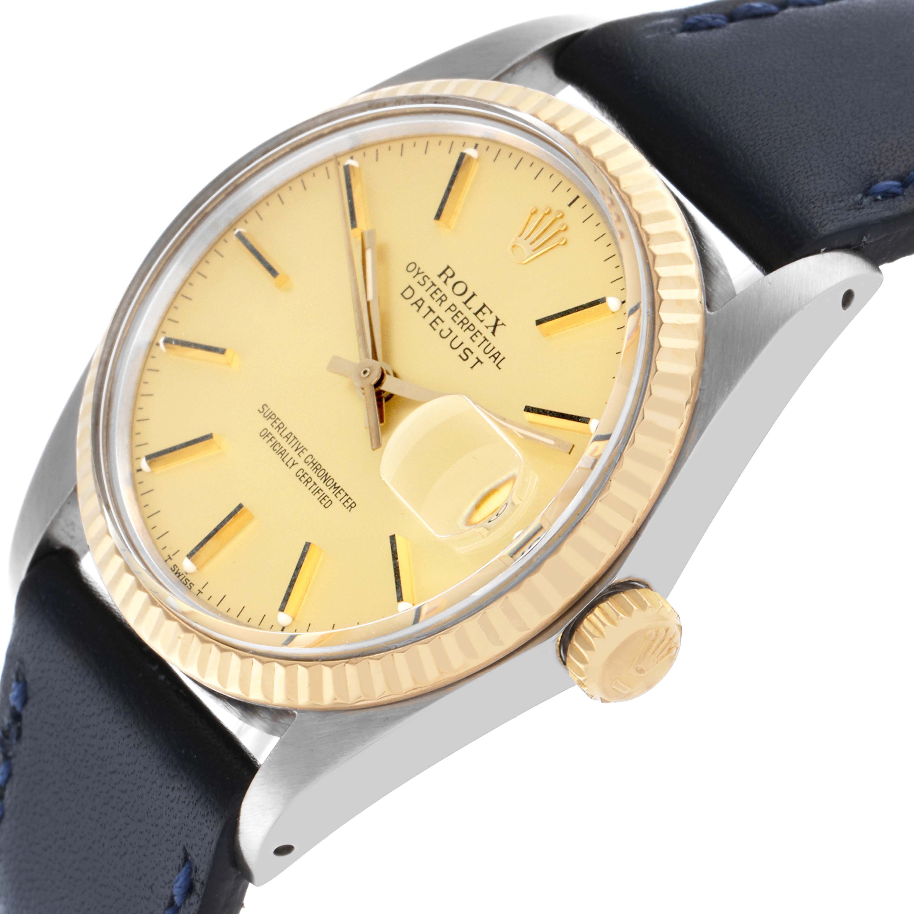 The Rolex Datejust 16013 Men's Steel and Gold (two tone) Champagne Dial 16013 Men's Steel and Gold (two tone) Champagne Dial watch is shown at a slight side angle, highlighting the bezel, crown, and part of the leather strap.