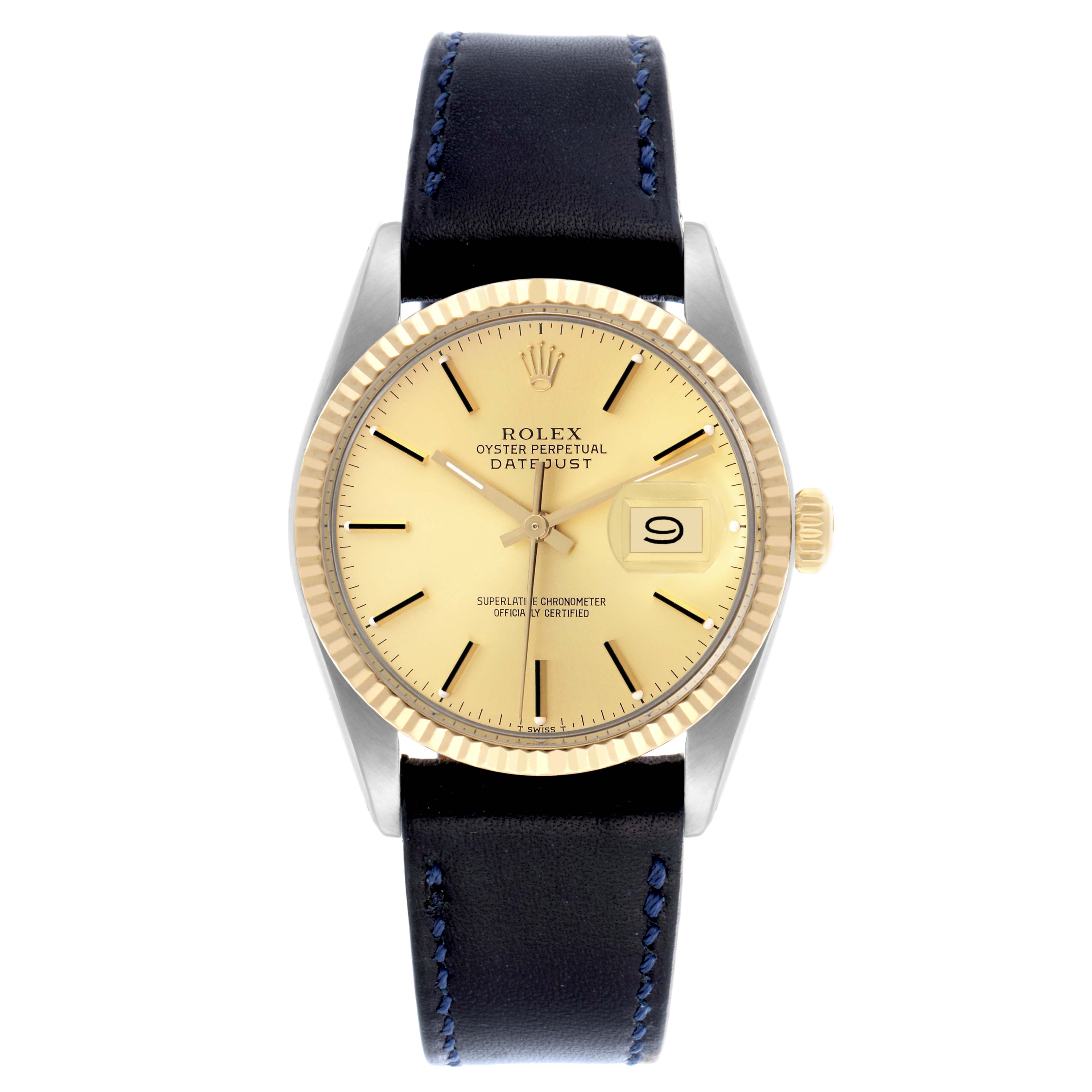The Rolex Datejust 16013 Men's Steel and Gold (two tone) Champagne Dial 16013 Men's Steel and Gold (two tone) Champagne Dial watch is shown from a front angle, highlighting the dial, bezel, case, crown, and leather strap.