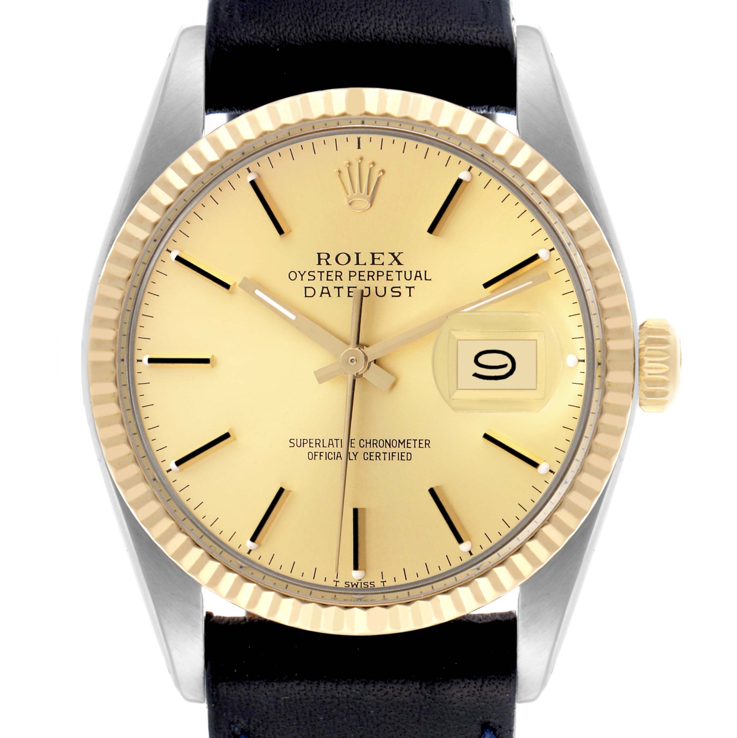 The Rolex Datejust 16013 Men's Steel and Gold (two tone) Champagne Dial 16013 Men's Steel and Gold (two tone) Champagne Dial watch is shown from the front, displaying its dial, bezel, crown, and part of the leather strap.