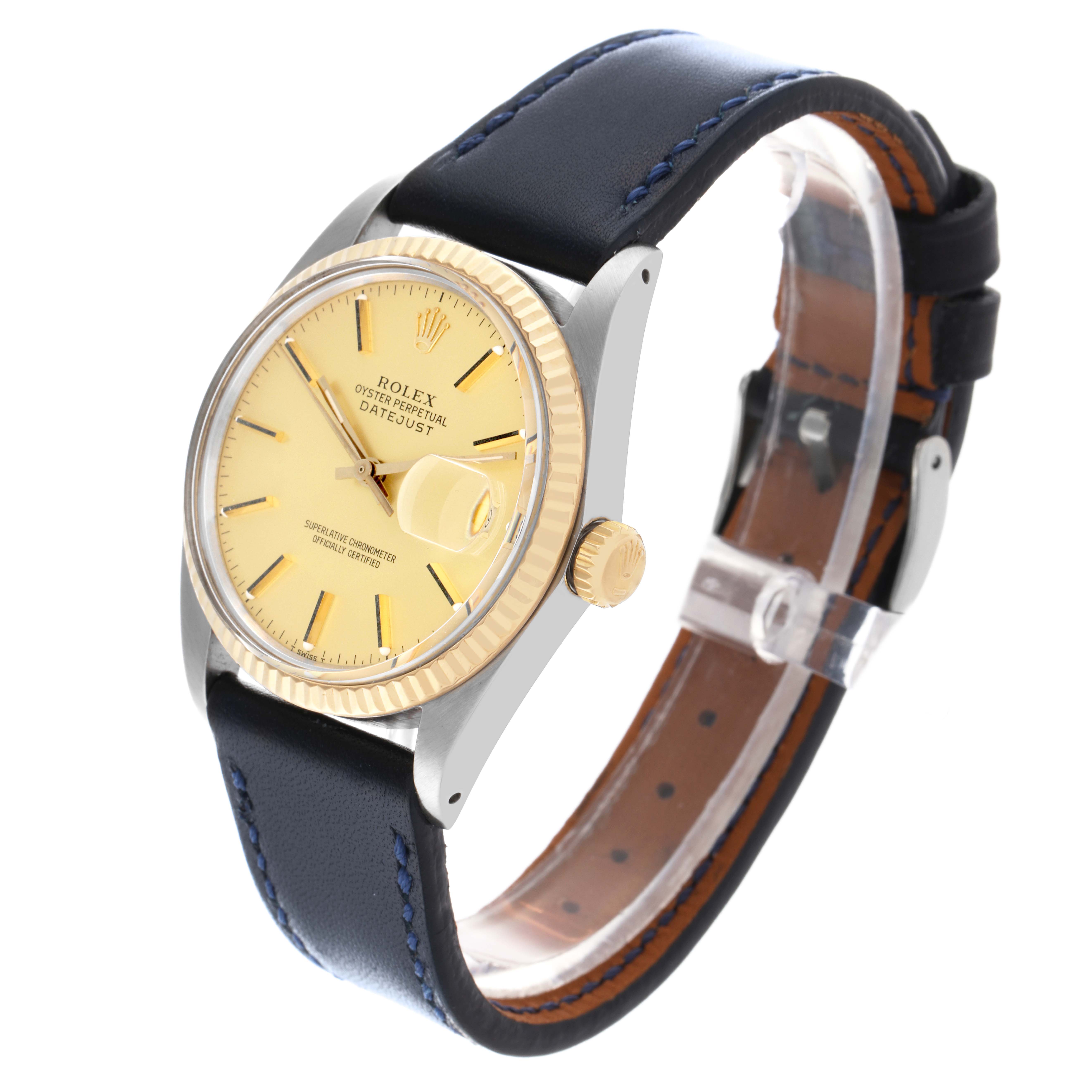 The Rolex Datejust 16013 Men's Steel and Gold (two tone) Champagne Dial 16013 Men's Steel and Gold (two tone) Champagne Dial watch is shown at a three-quarter angle, highlighting the dial, case, bezel, crown, and leather strap.