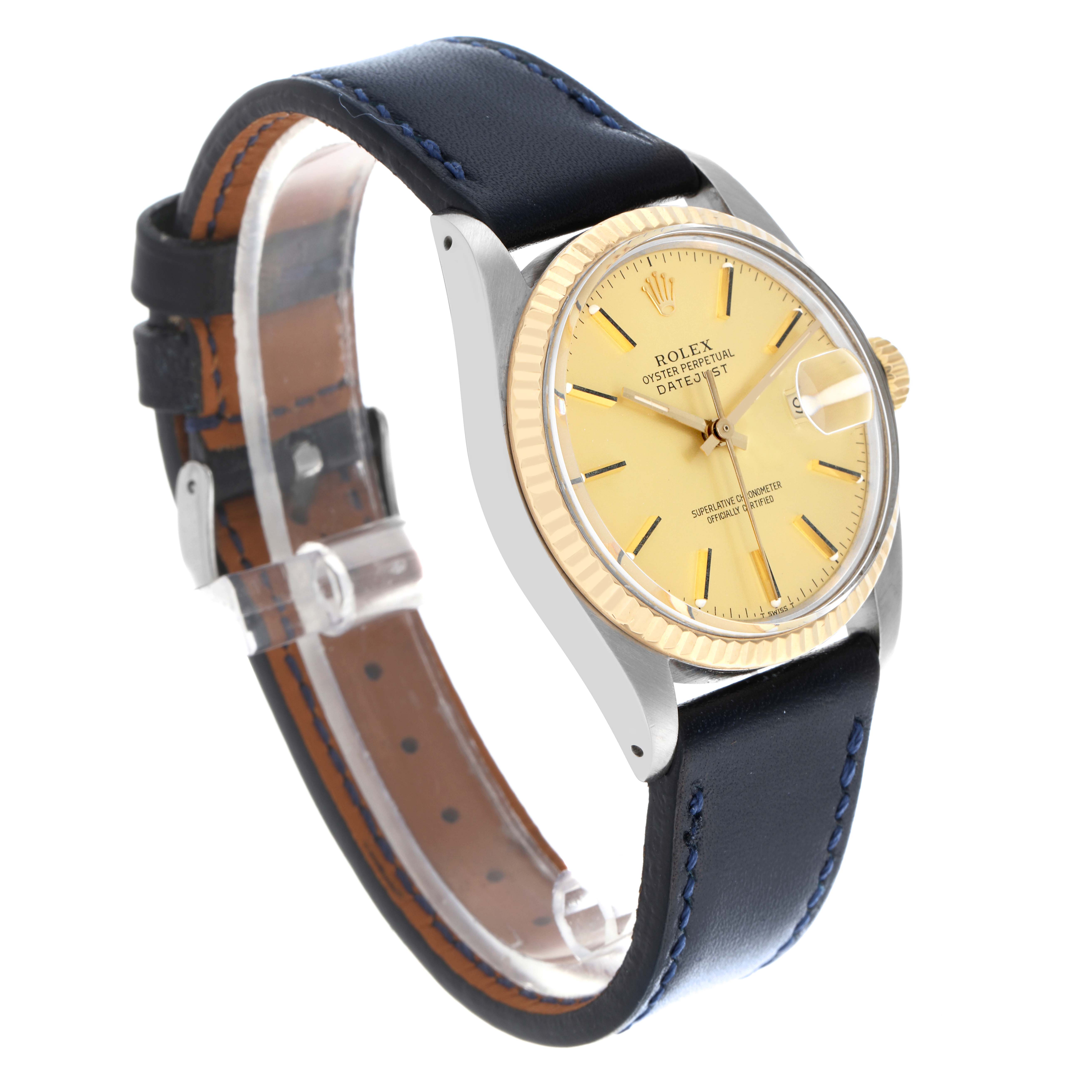 The Rolex Datejust 16013 Men's Steel and Gold (two tone) Champagne Dial 16013 Men's Steel and Gold (two tone) Champagne Dial watch is shown at a three-quarter angle, highlighting the dial, gold bezel, and black leather strap.