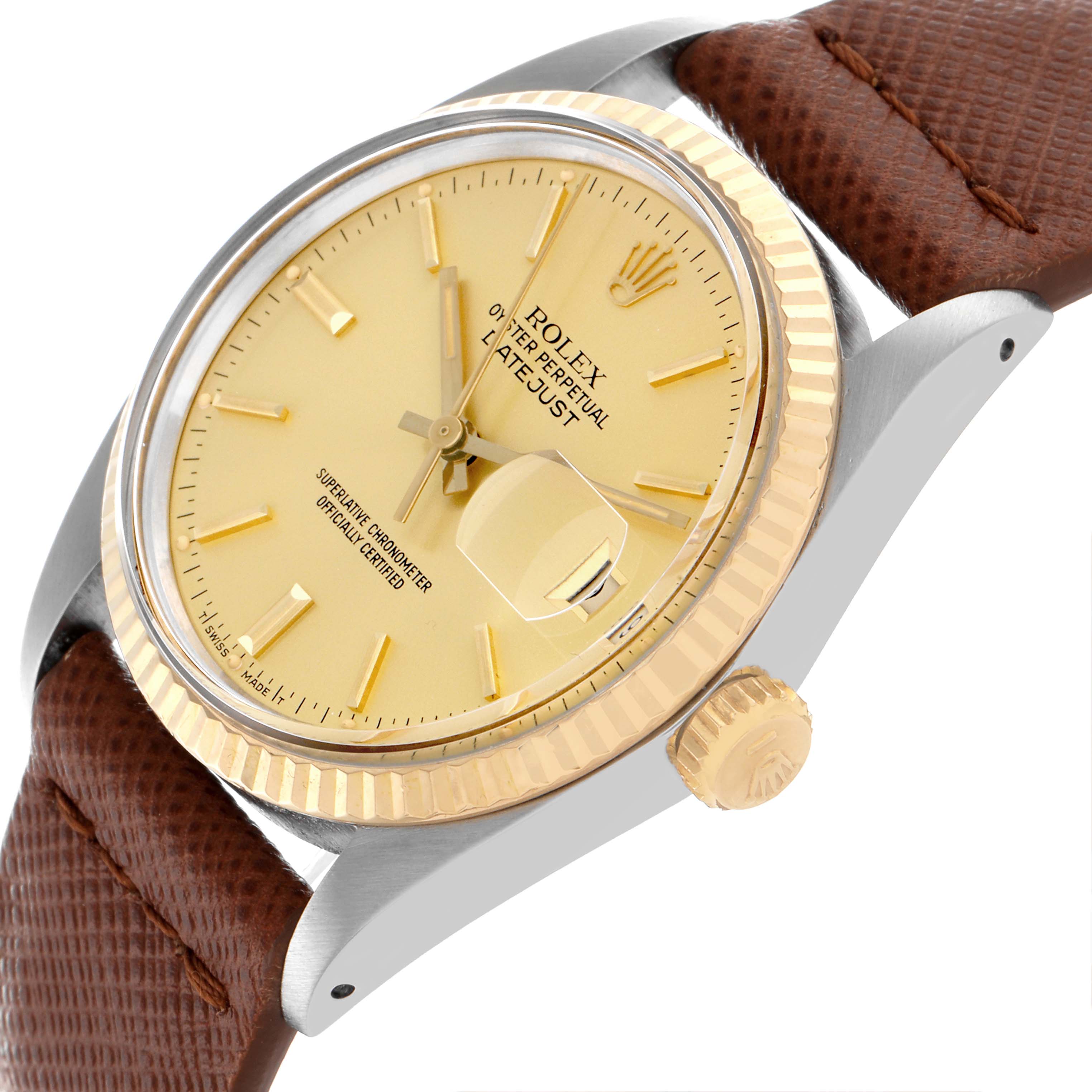 The Rolex Datejust 16013 Men's Steel and Gold (two tone) Champagne Dial 16013 Men's Steel and Gold (two tone) Champagne Dial watch is shown at an angle highlighting the dial, bezel, crown, and brown leather strap.