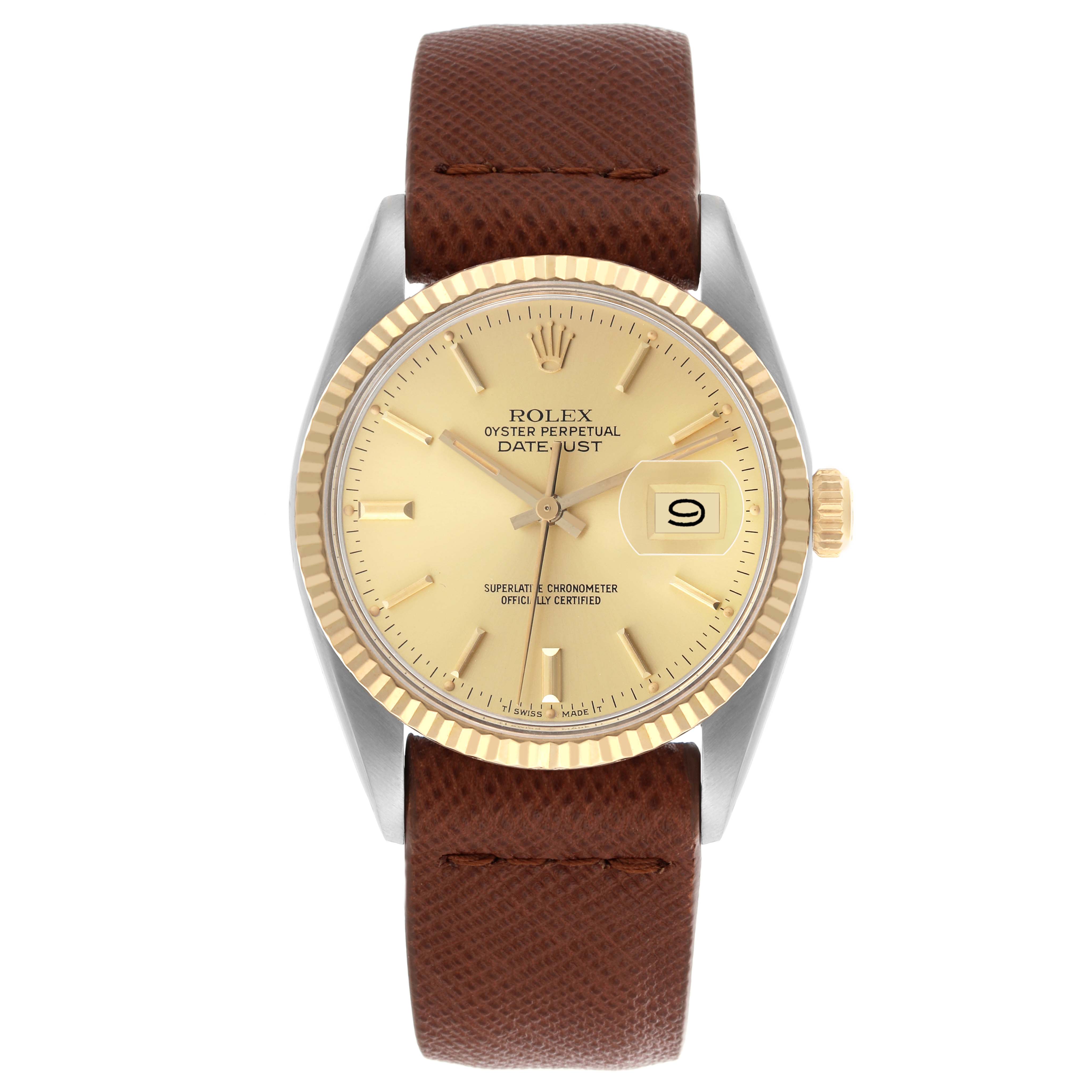 The Rolex Datejust 16013 Men's Steel and Gold (two tone) Champagne Dial 16013 Men's Steel and Gold (two tone) Champagne Dial watch is shown from a top-down angle, displaying the face, bezel, crown, and part of the brown leather strap.