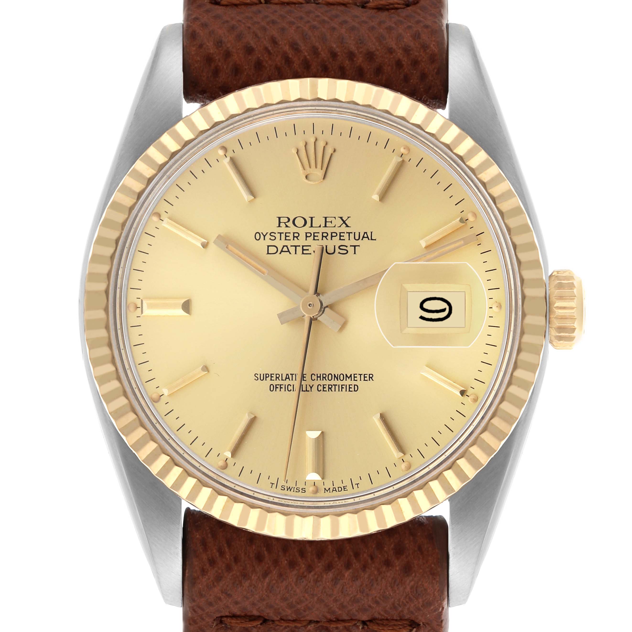 The Rolex Datejust 16013 Men's Steel and Gold (two tone) Champagne Dial 16013 Men's Steel and Gold (two tone) Champagne Dial watch is shown from a front angle, displaying its dial, fluted bezel, crown, and leather strap.