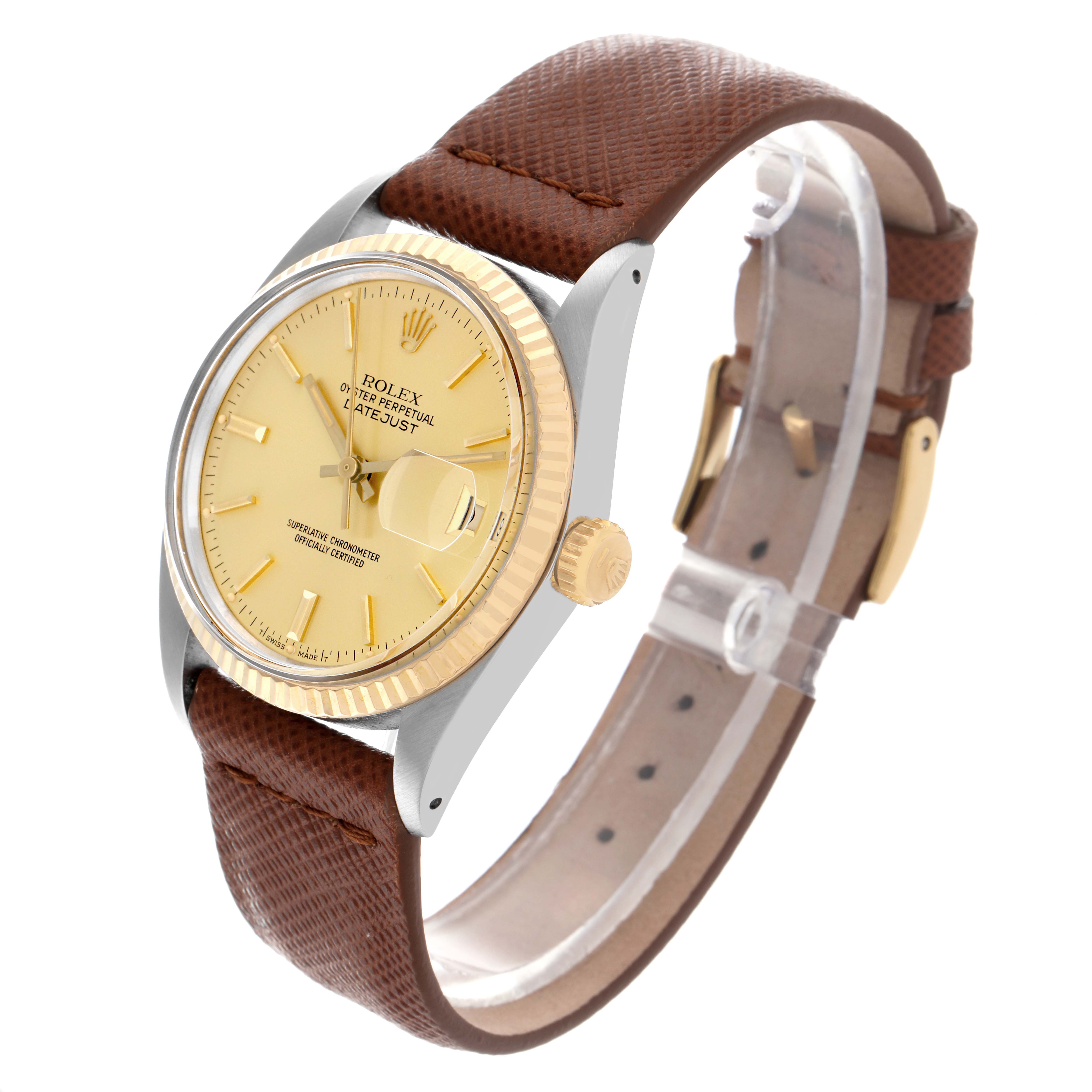 The Rolex Datejust 16013 Men's Steel and Gold (two tone) Champagne Dial 16013 Men's Steel and Gold (two tone) Champagne Dial watch is shown at an angled side view, highlighting the dial, fluted bezel, and brown leather strap.