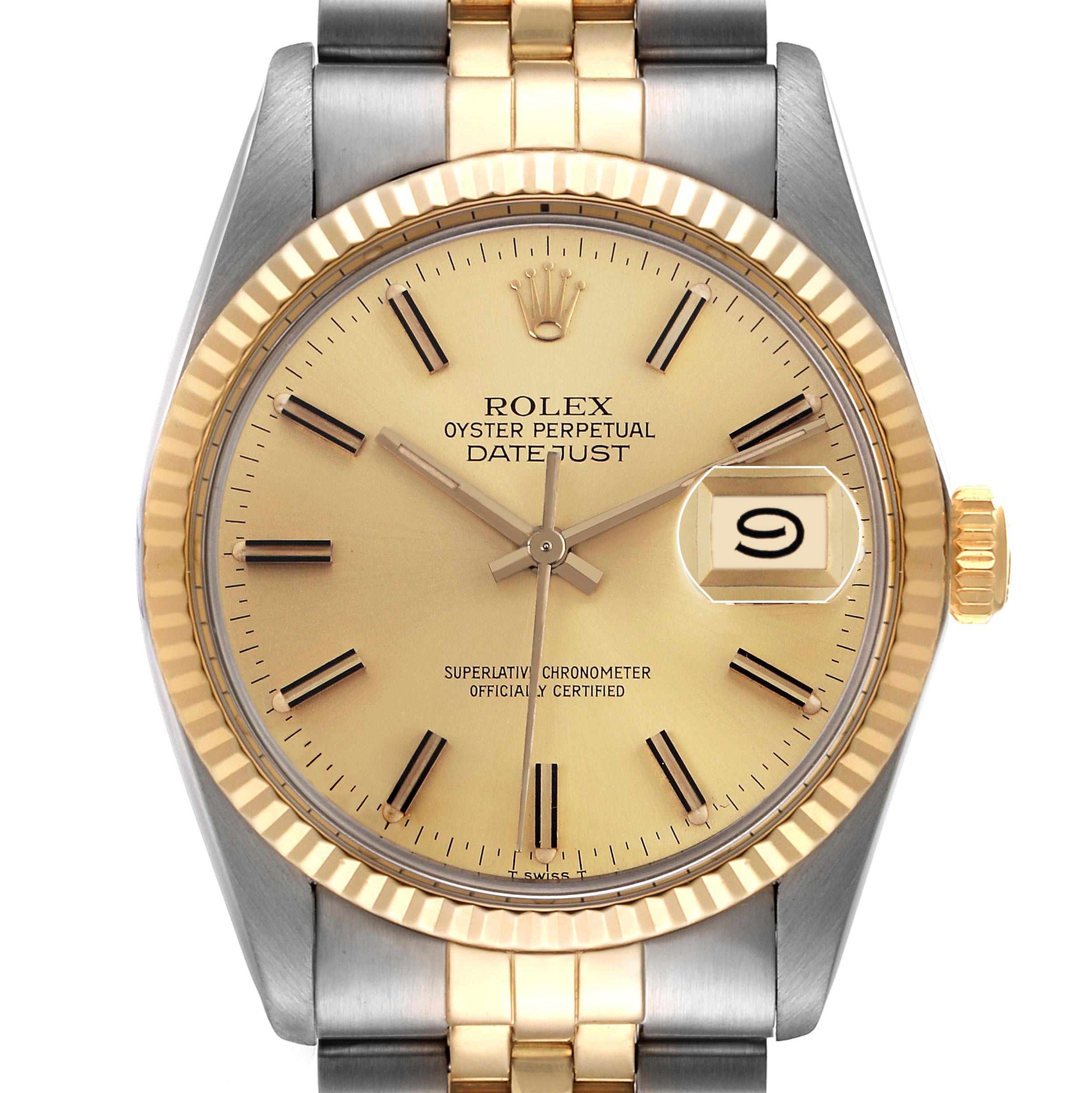 The Rolex Datejust 16013 Men's Steel and Gold (two tone) Champagne Dial 16013 Men's Steel and Gold (two tone) Champagne Dial watch is shown from a front angle, displaying its face, bezel, and part of the two-tone bracelet.